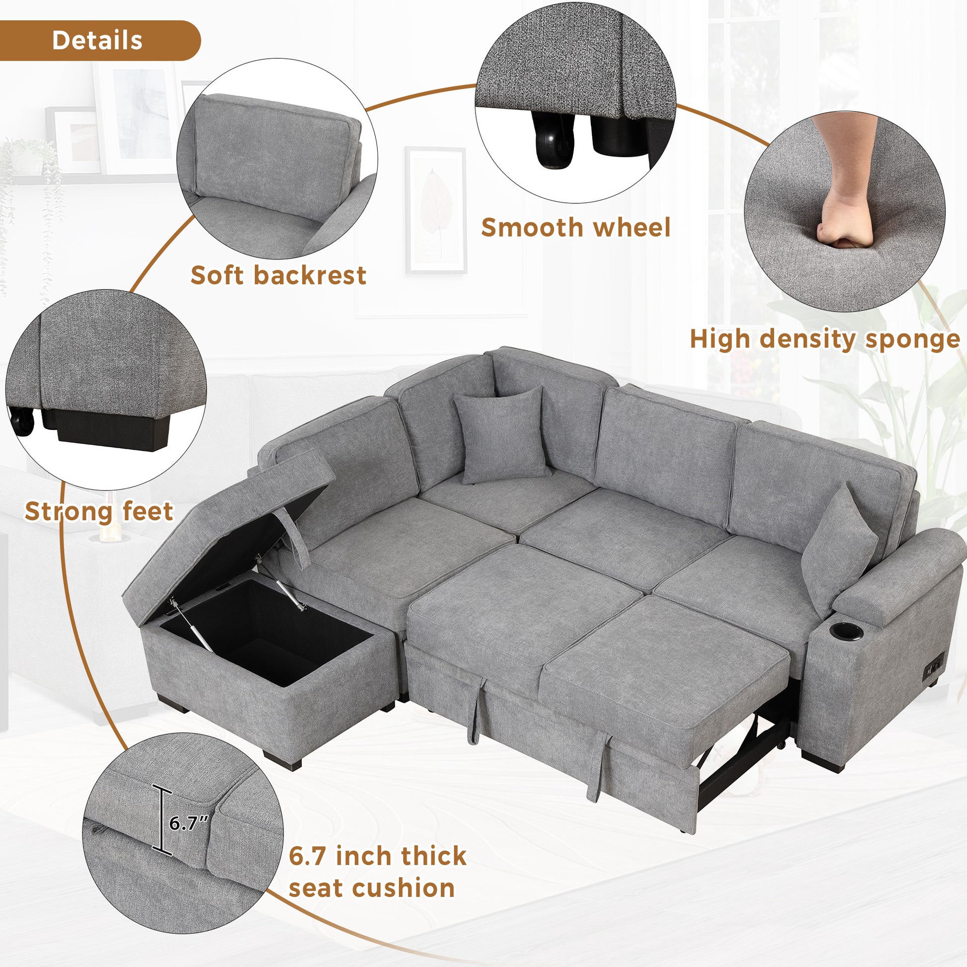 Elegant L-Shaped Sectional Sofa with Storage Ottoman USA