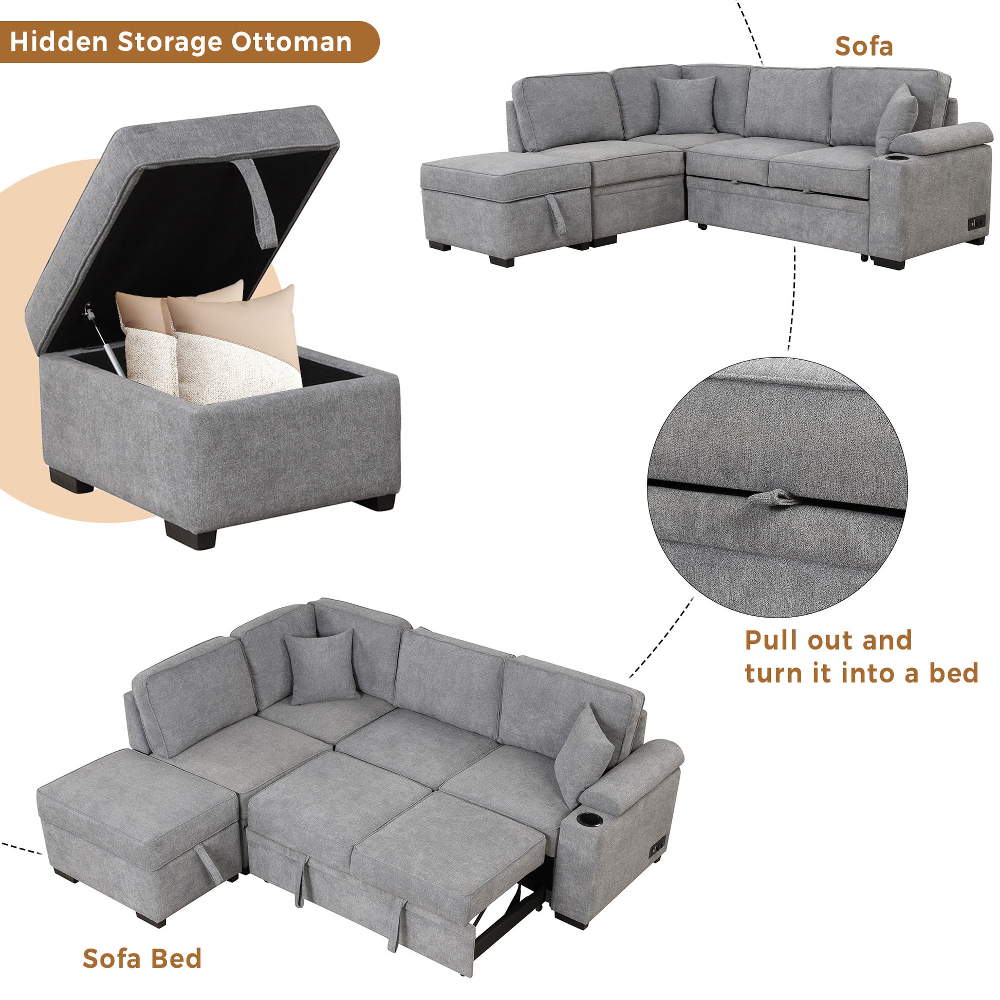 Elegant L-Shaped Sectional Sofa with Storage Ottoman USA