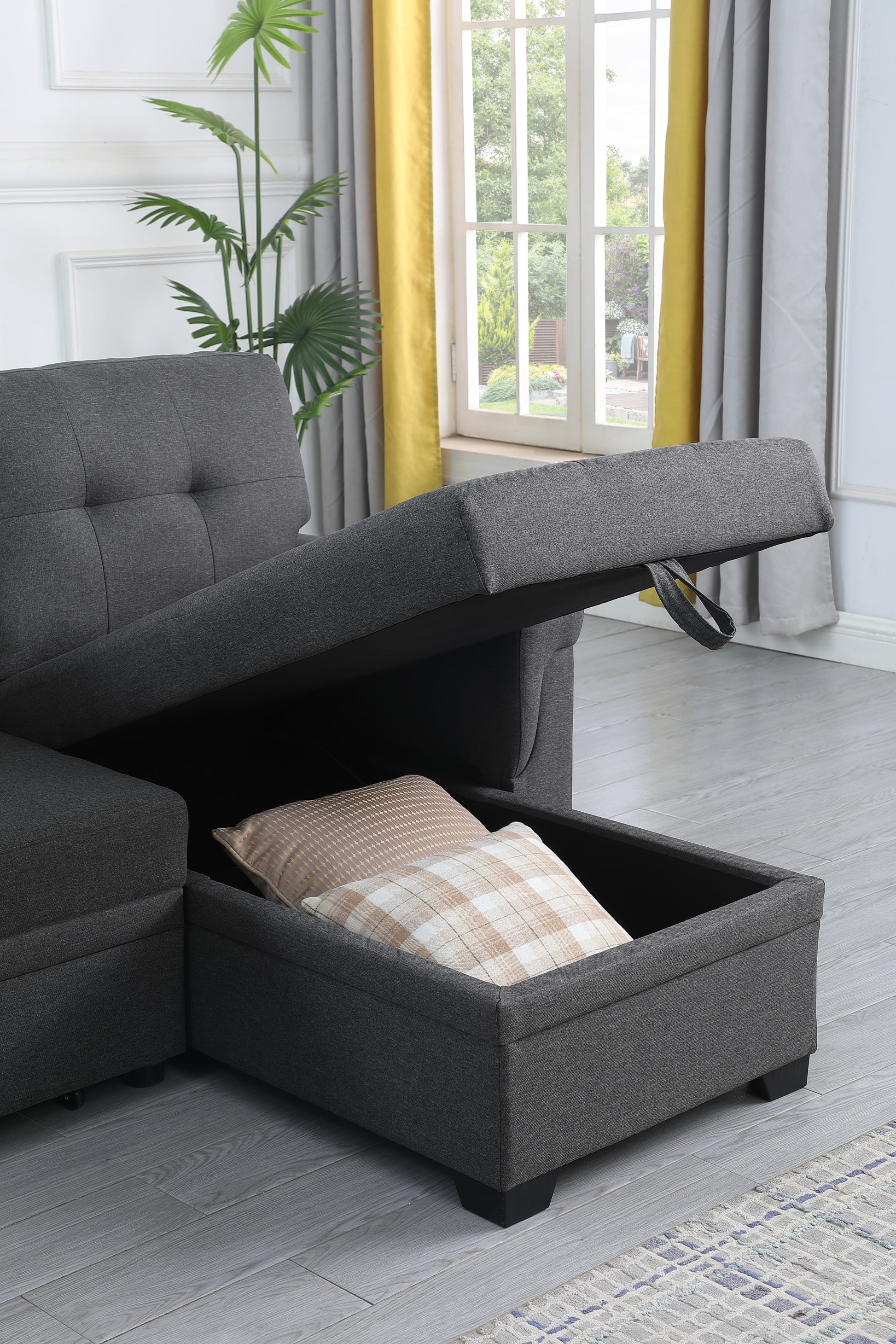 Elegant Linen Reversible Grey Sleeper Sectional Sofa with Storage Chaise USA