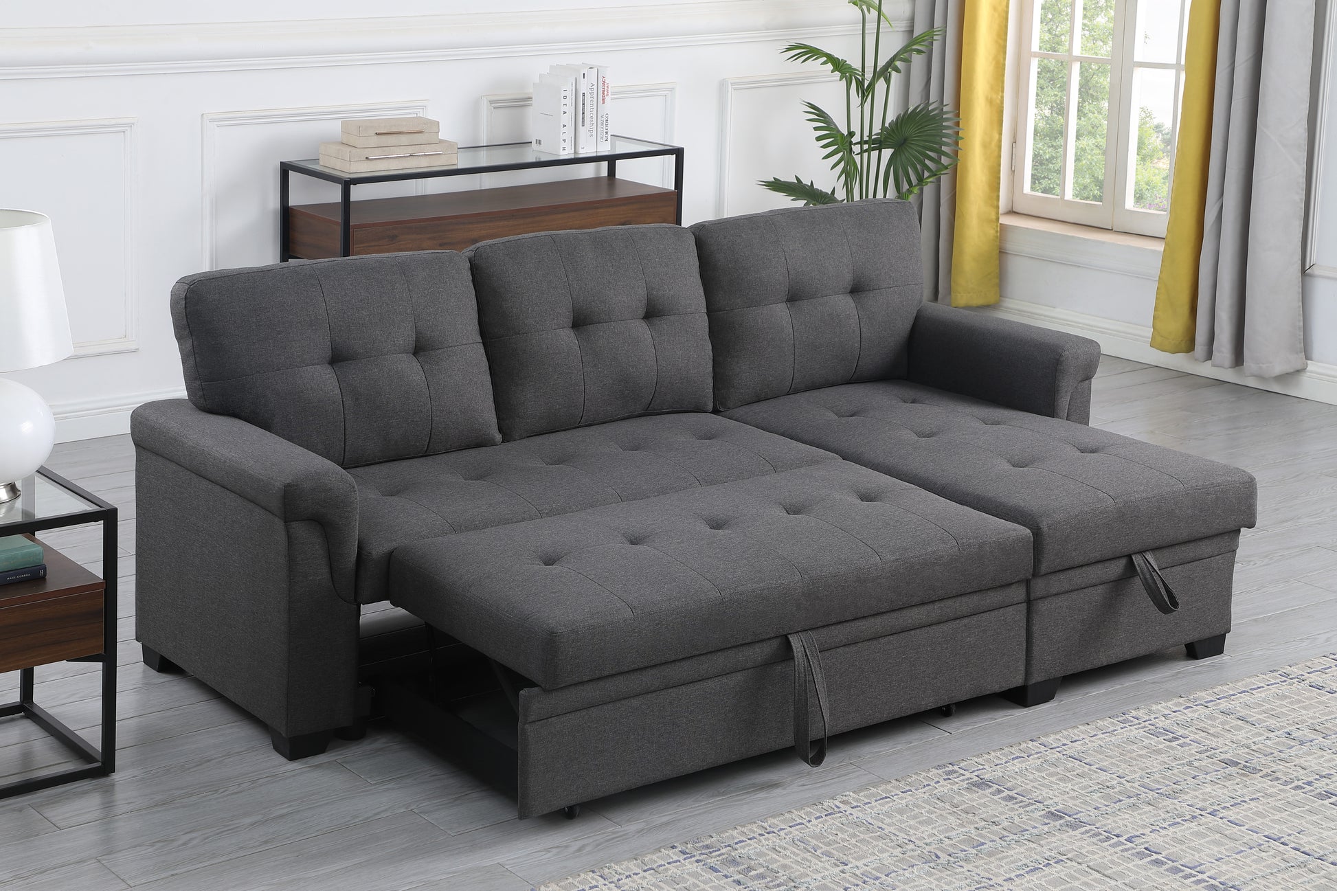 Elegant Linen Reversible Grey Sleeper Sectional Sofa with Storage Chaise USA