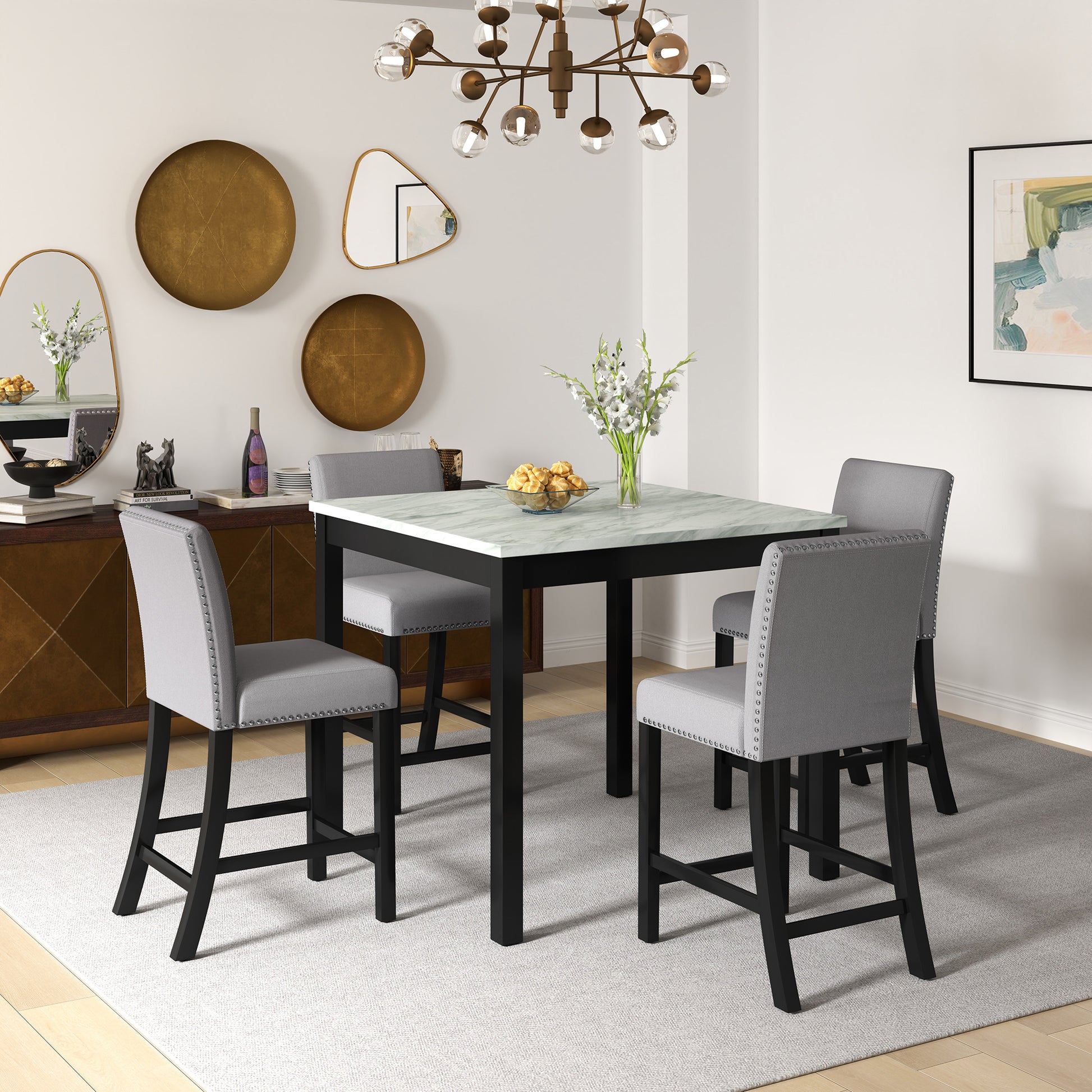 Elegant Mid-Century Modern Dining Set with Wooden Table and Upholstered Chairs USA