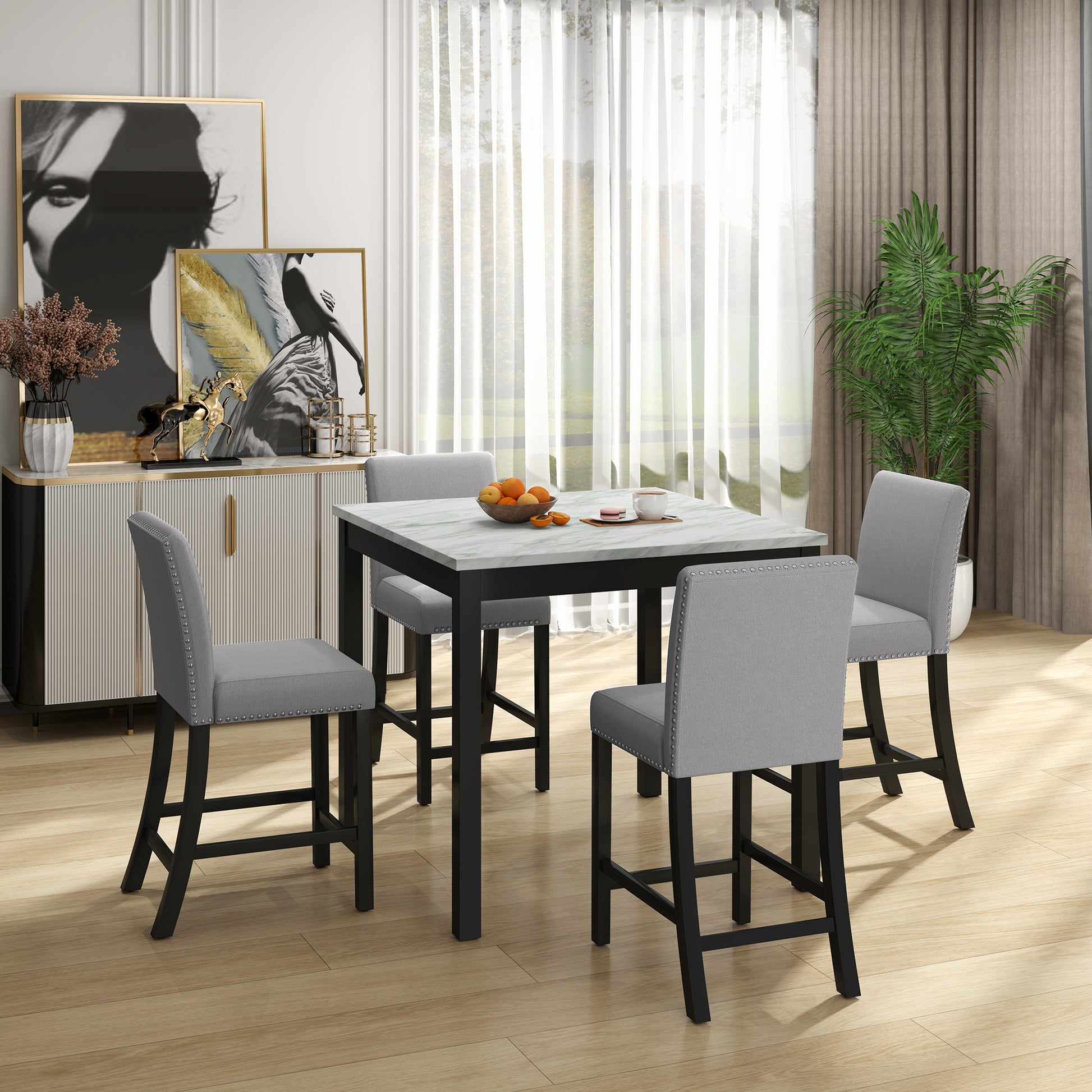 Elegant Mid-Century Modern Dining Set with Wooden Table and Upholstered Chairs USA