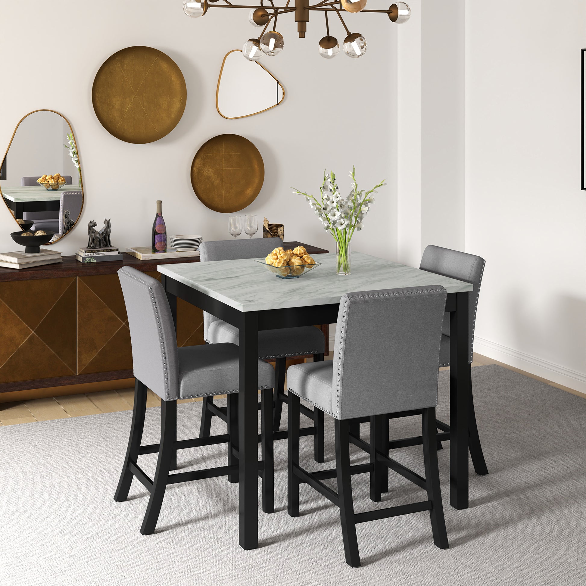 Elegant Mid-Century Modern Dining Set with Wooden Table and Upholstered Chairs USA