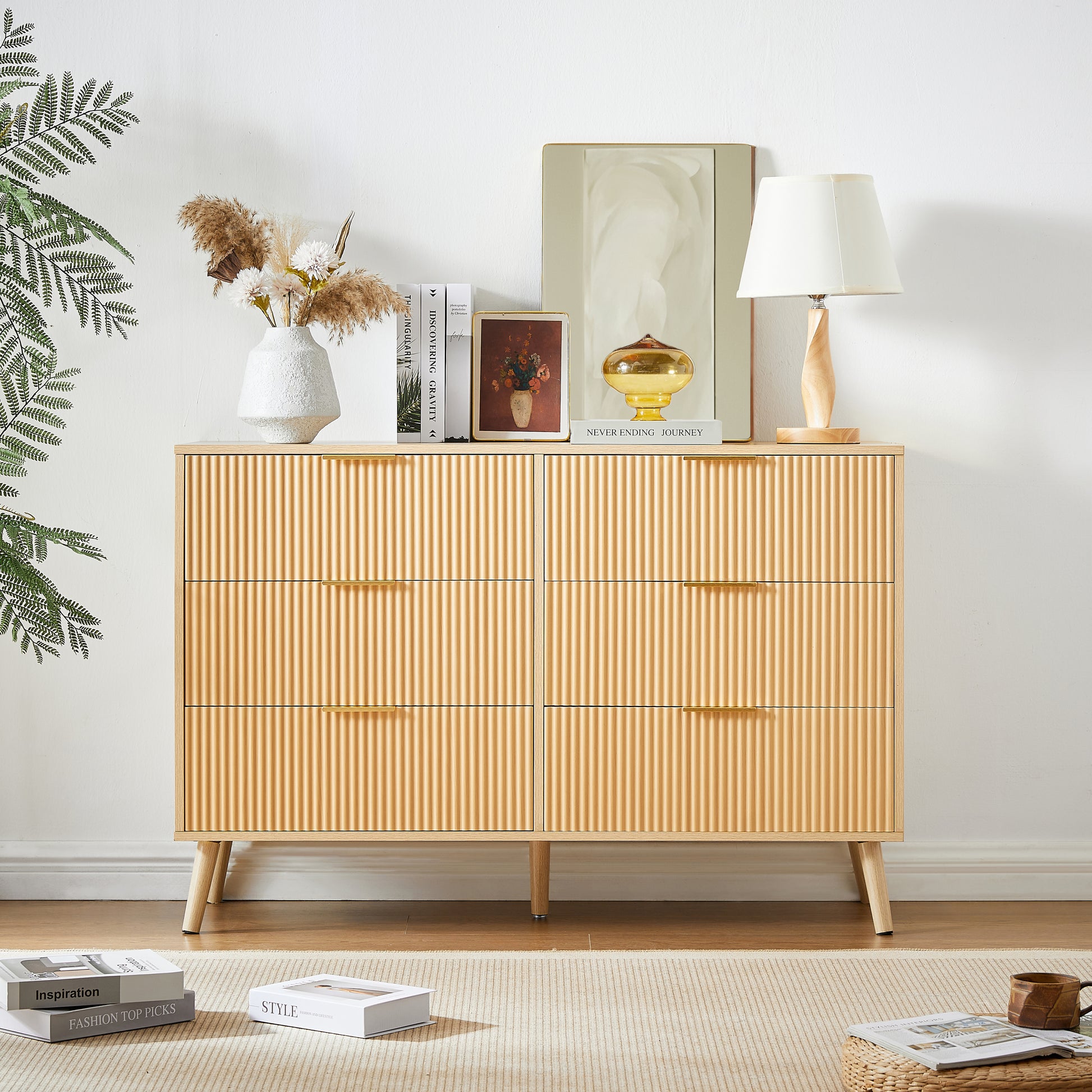 Elegant Mid-Century Style 6-Drawer Dresser in Natural Wood Finish USA