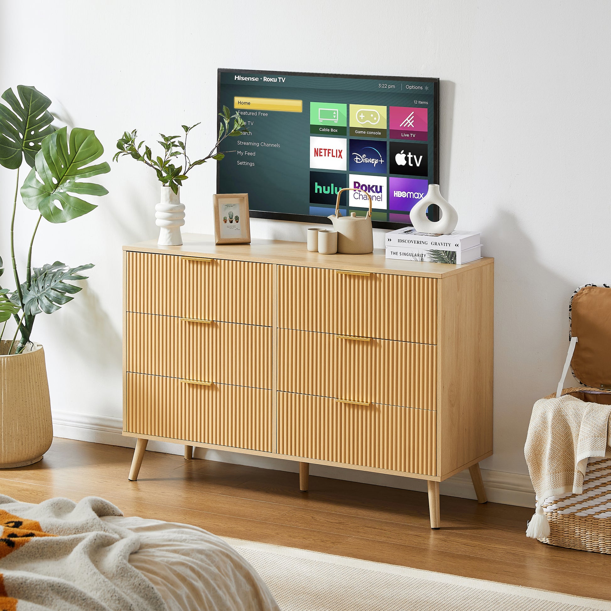 Elegant Mid-Century Style 6-Drawer Dresser in Natural Wood Finish USA