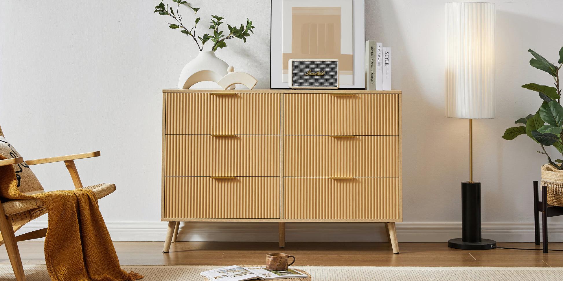 Elegant Mid-Century Style 6-Drawer Dresser in Natural Wood Finish USA