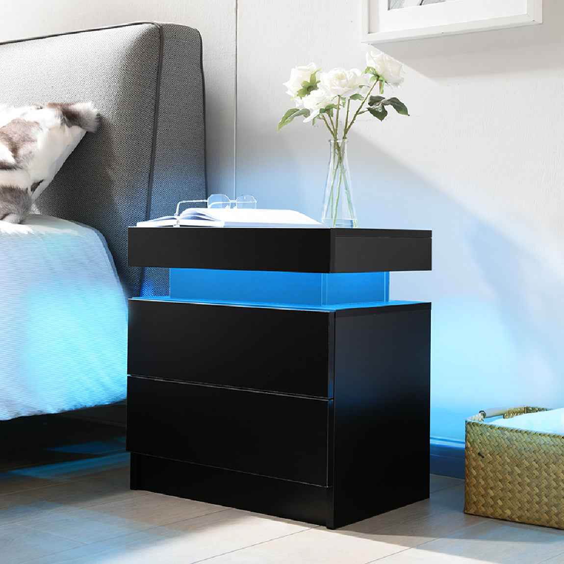 Elegant Midnight Blue Gloss Nightstand with Lighted Drawer