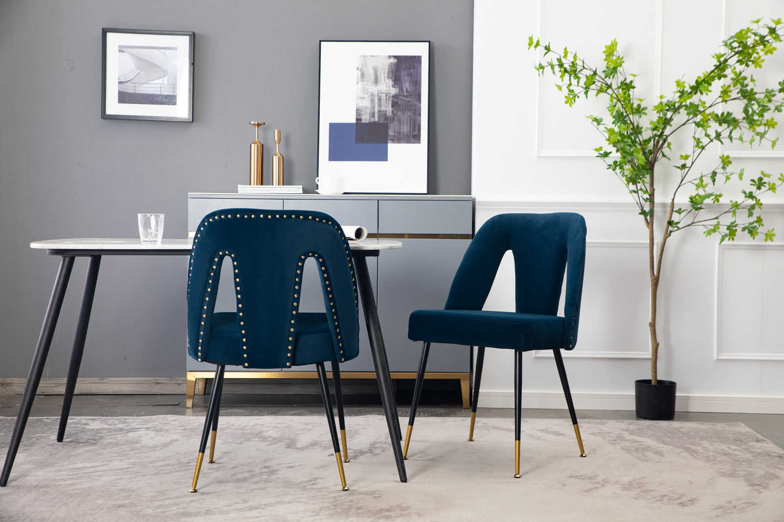 Elegant Modern Blue Velvet Dining Chairs with Gold Accents USA