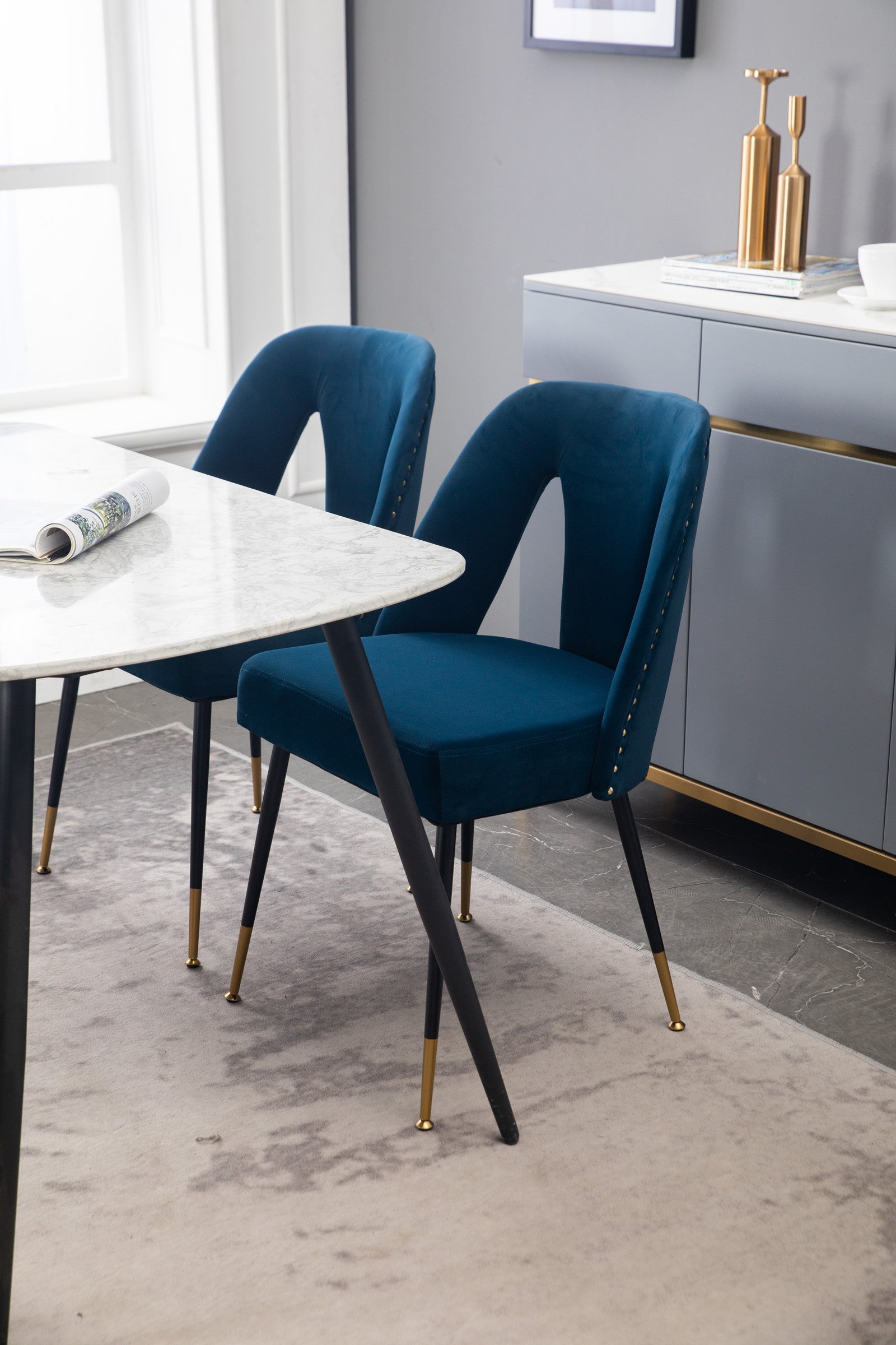 Elegant Modern Blue Velvet Dining Chairs with Gold Accents USA