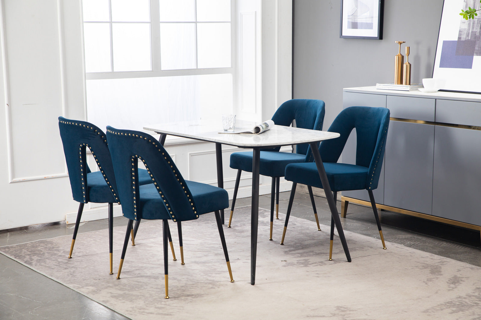 Elegant Modern Blue Velvet Dining Chairs with Gold Accents USA