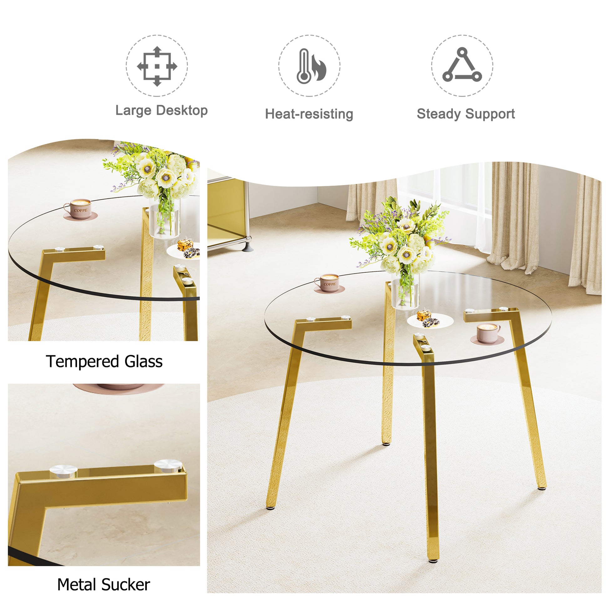 Elegant Modern Circular Glass Dining Table with Gold Legs USA