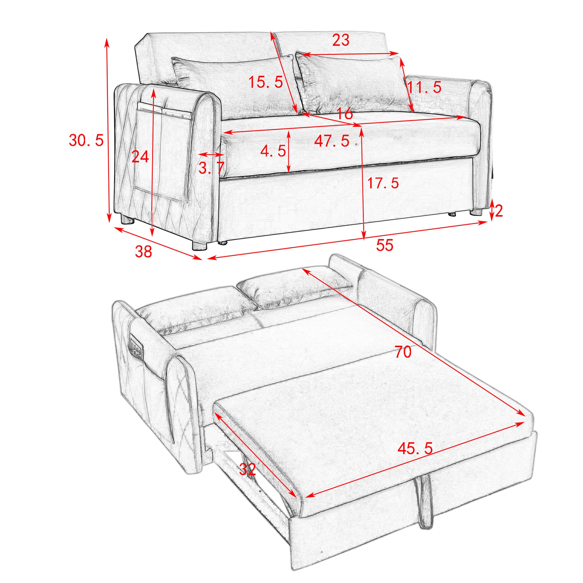 Elegant Modern Convertible Sofa Bed with Adjustable Backrest USA