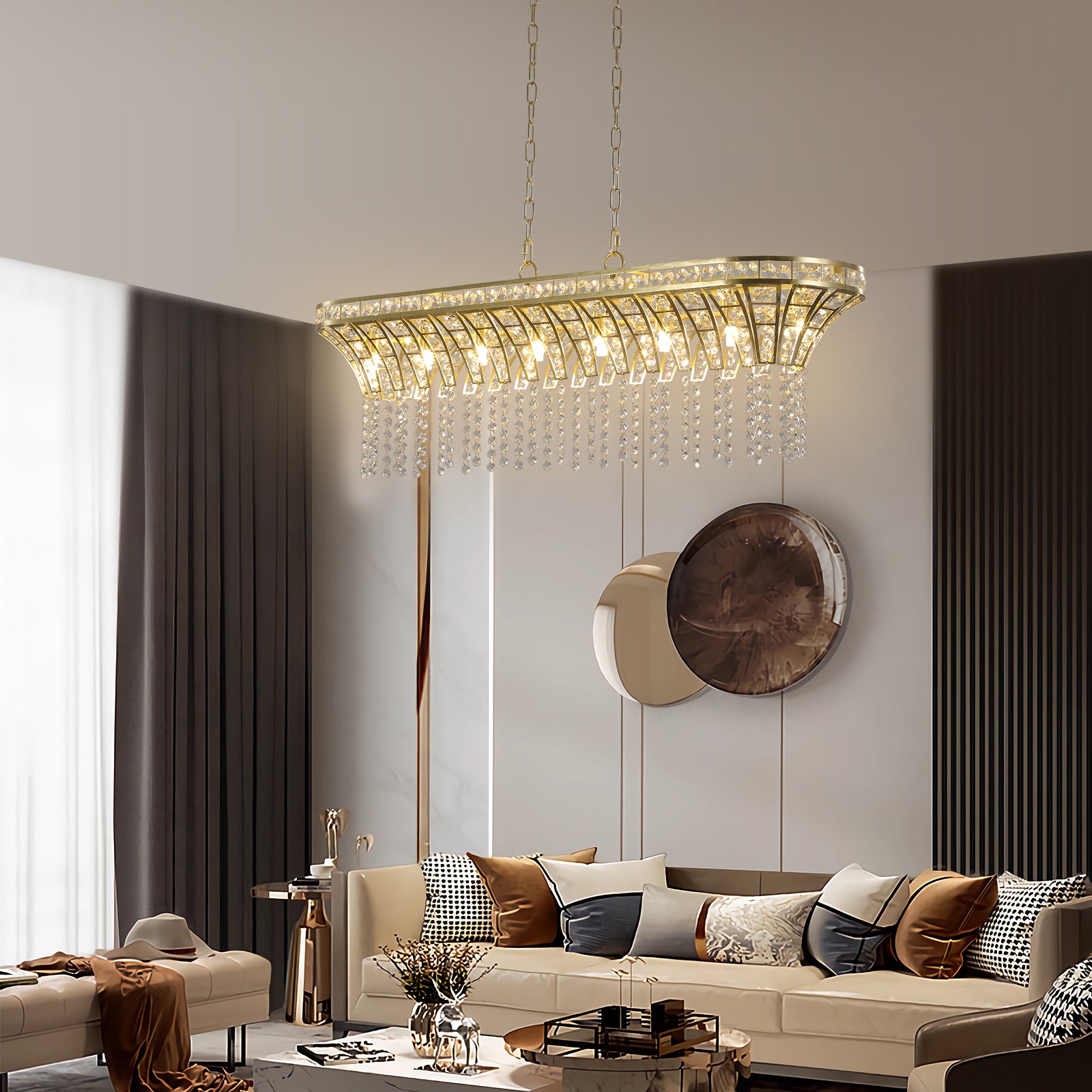 Elegant Modern Crystal Rectangular Chandelier with Gold Accents USA