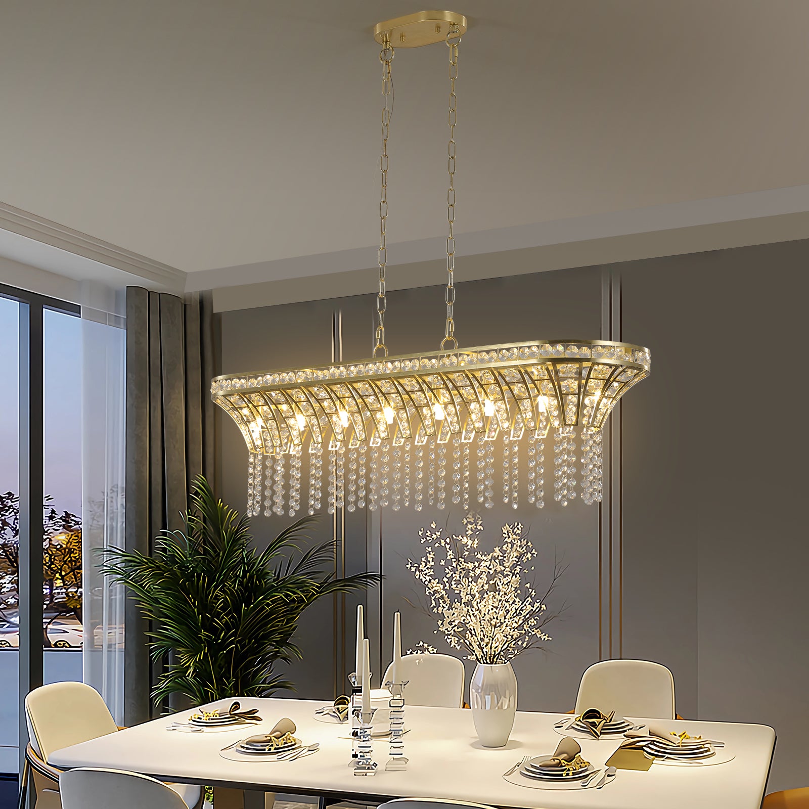 Elegant Modern Crystal Rectangular Chandelier with Gold Accents USA