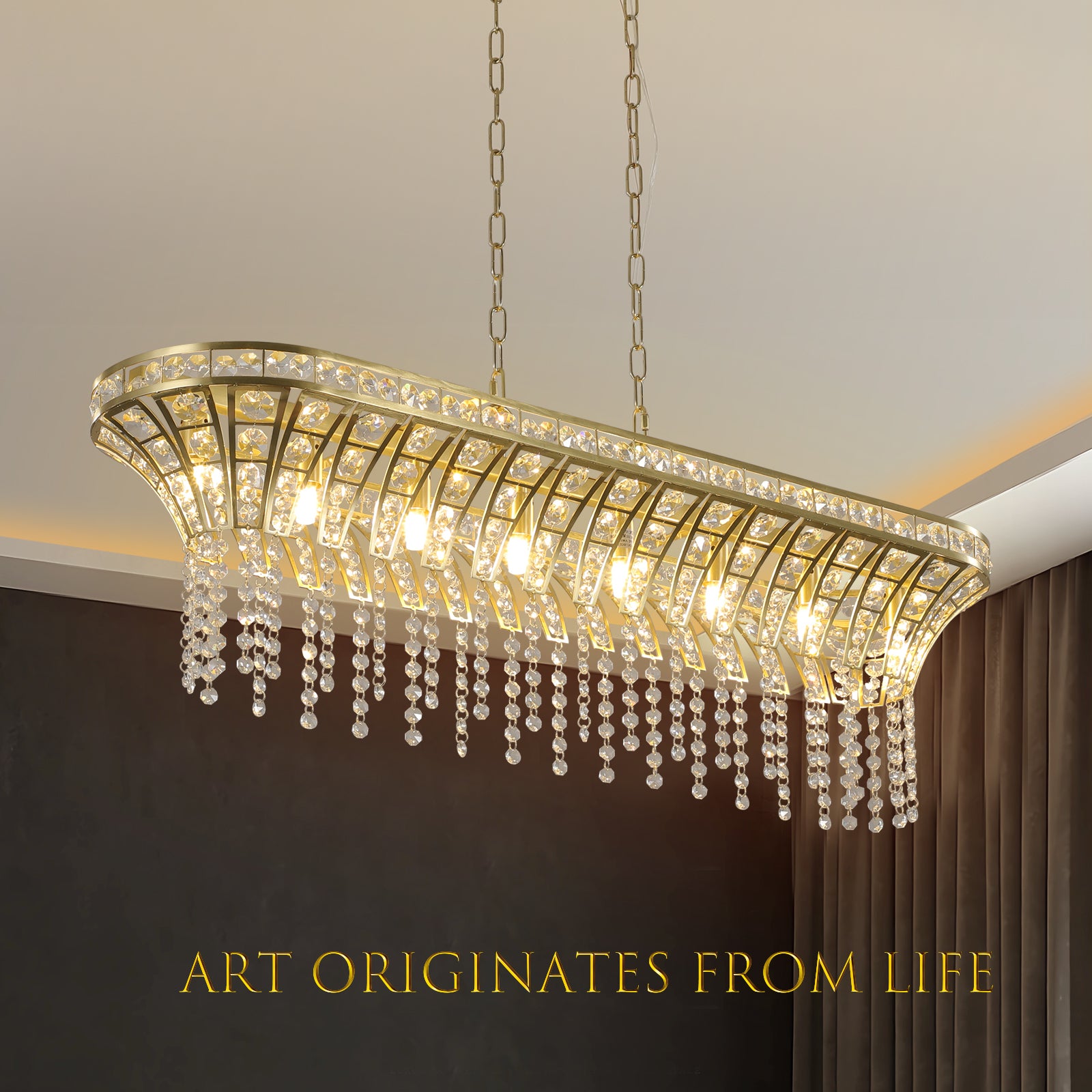 Elegant Modern Crystal Rectangular Chandelier with Gold Accents USA