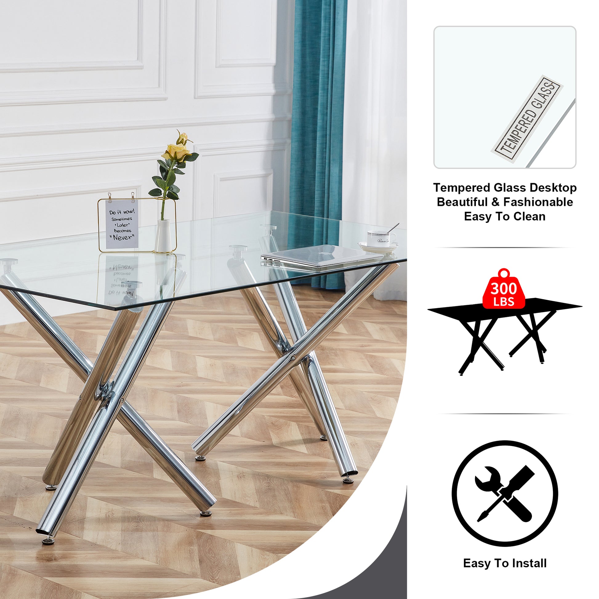 Elegant Modern Glass and Chrome Dining Table for 6-8 USA