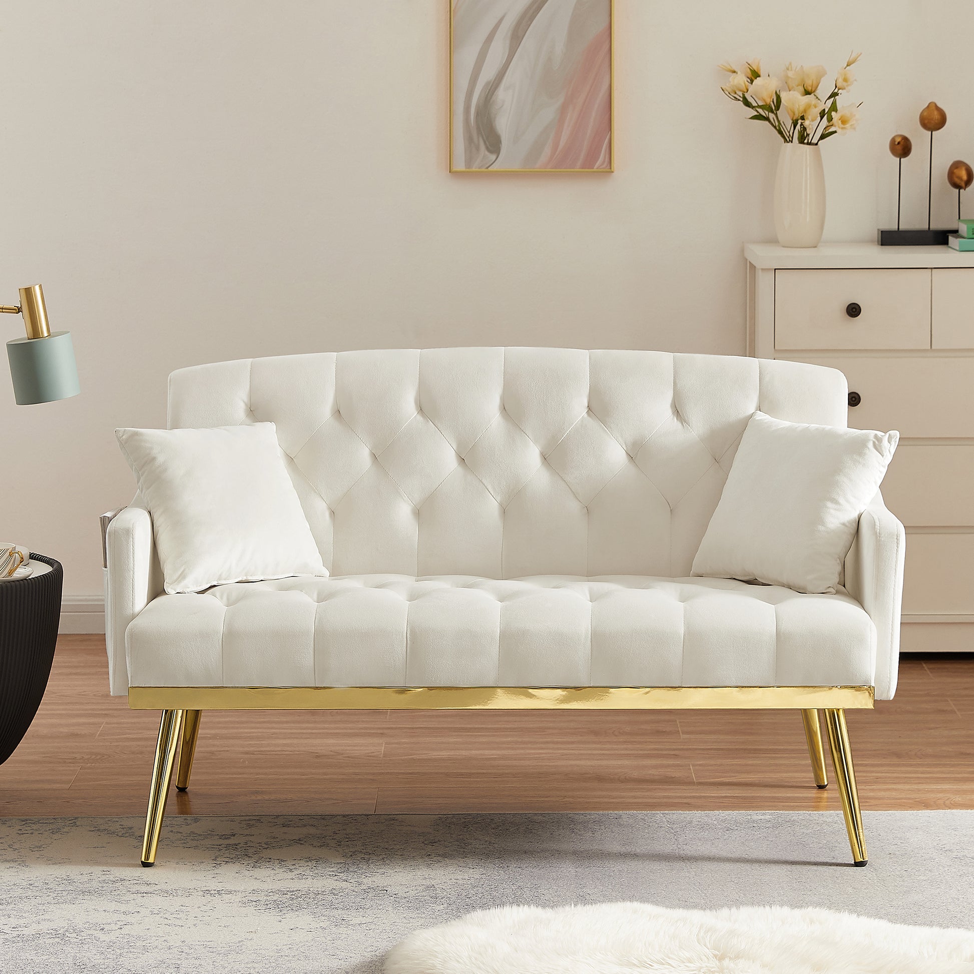 Elegant Modern Tufted White Leather Sofa with Oak Legs USA