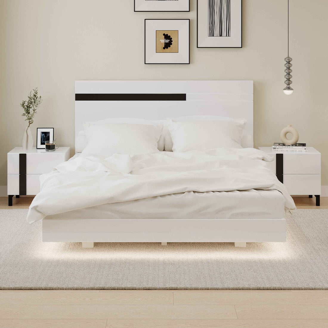 Elegant Modern White Bedroom Set with Queen Bed and Nightstands