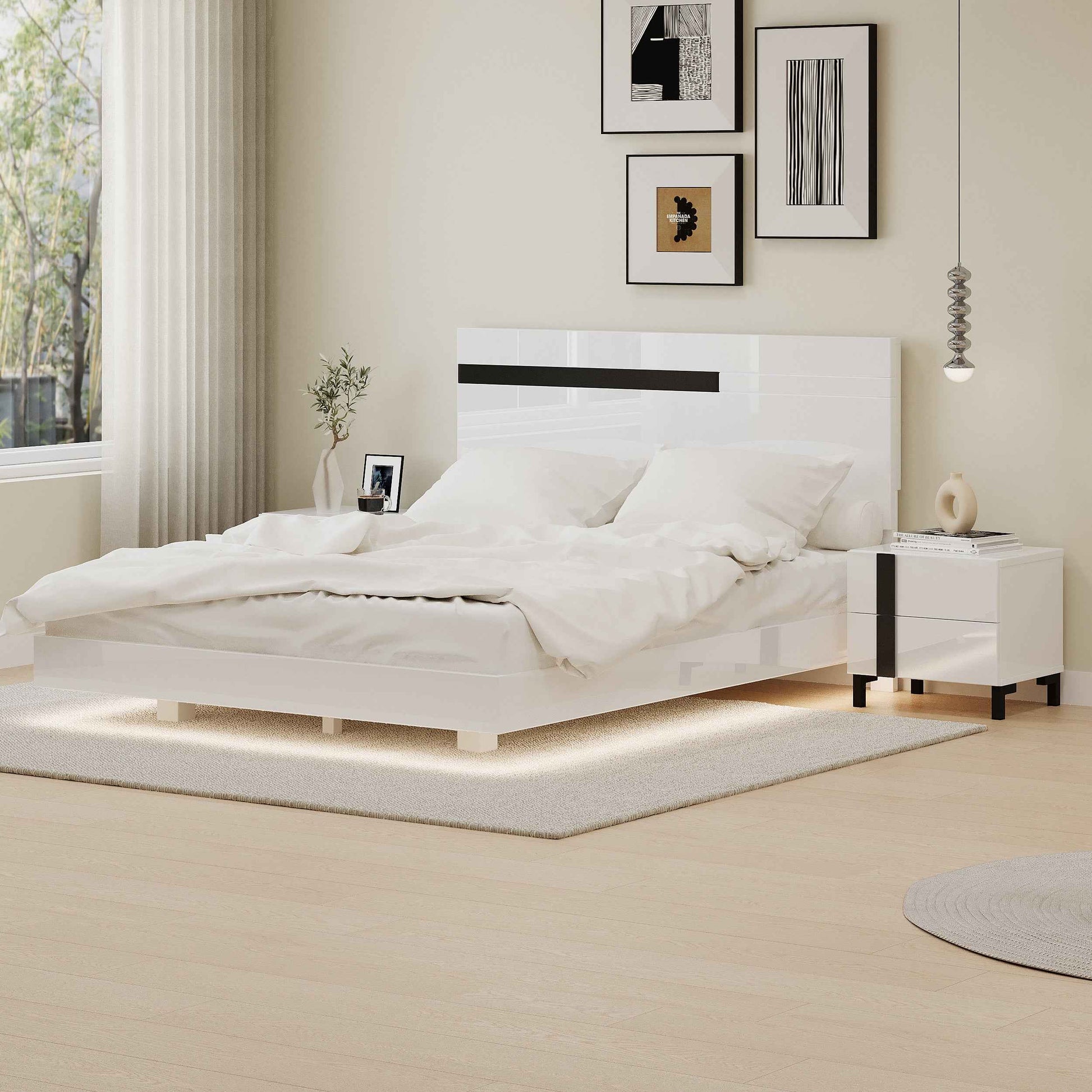 Elegant Modern White Bedroom Set with Queen Bed and Nightstands