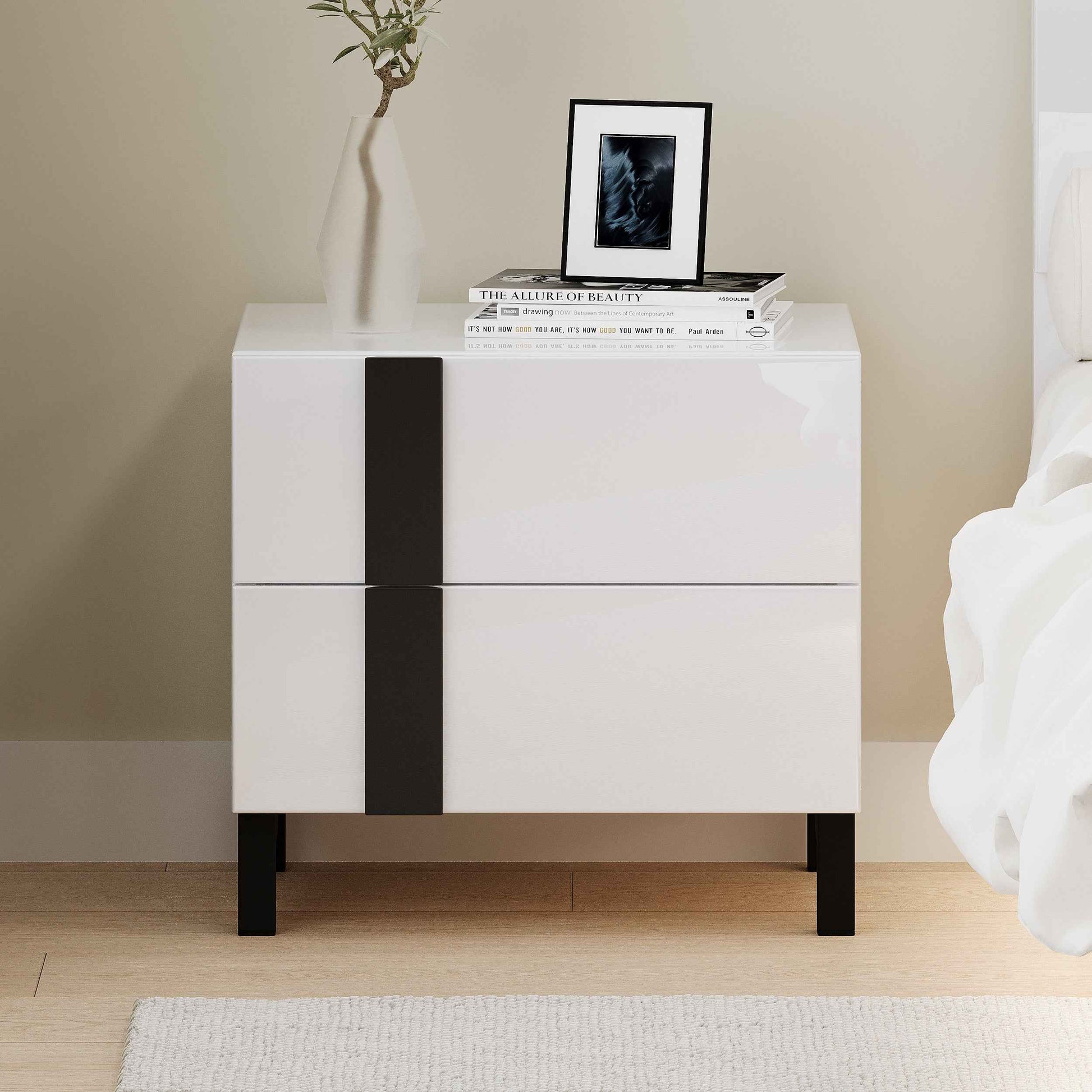 Elegant Modern White Bedroom Set with Queen Bed and Nightstands