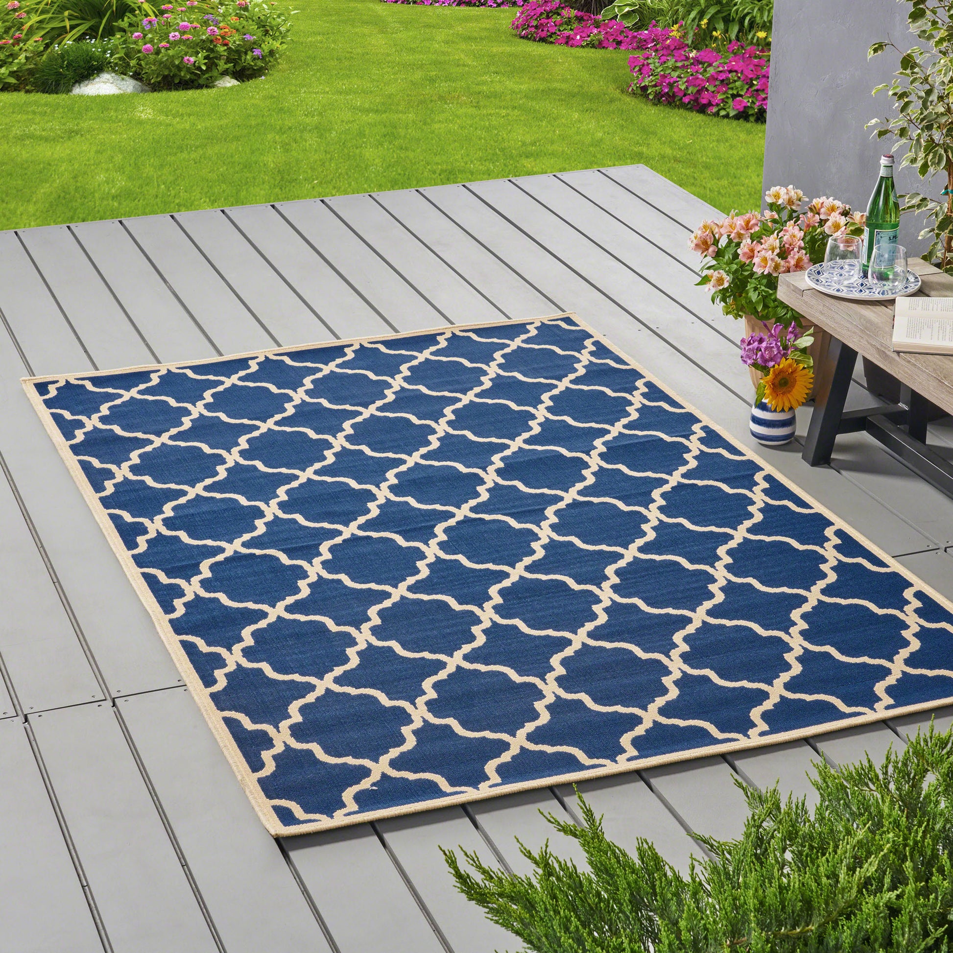 Elegant Navy Blue and Cream Moroccan Trellis IndoorOutdoor Area Rug - Perfect for Adding a Stylish Touch to Your Living Space USA