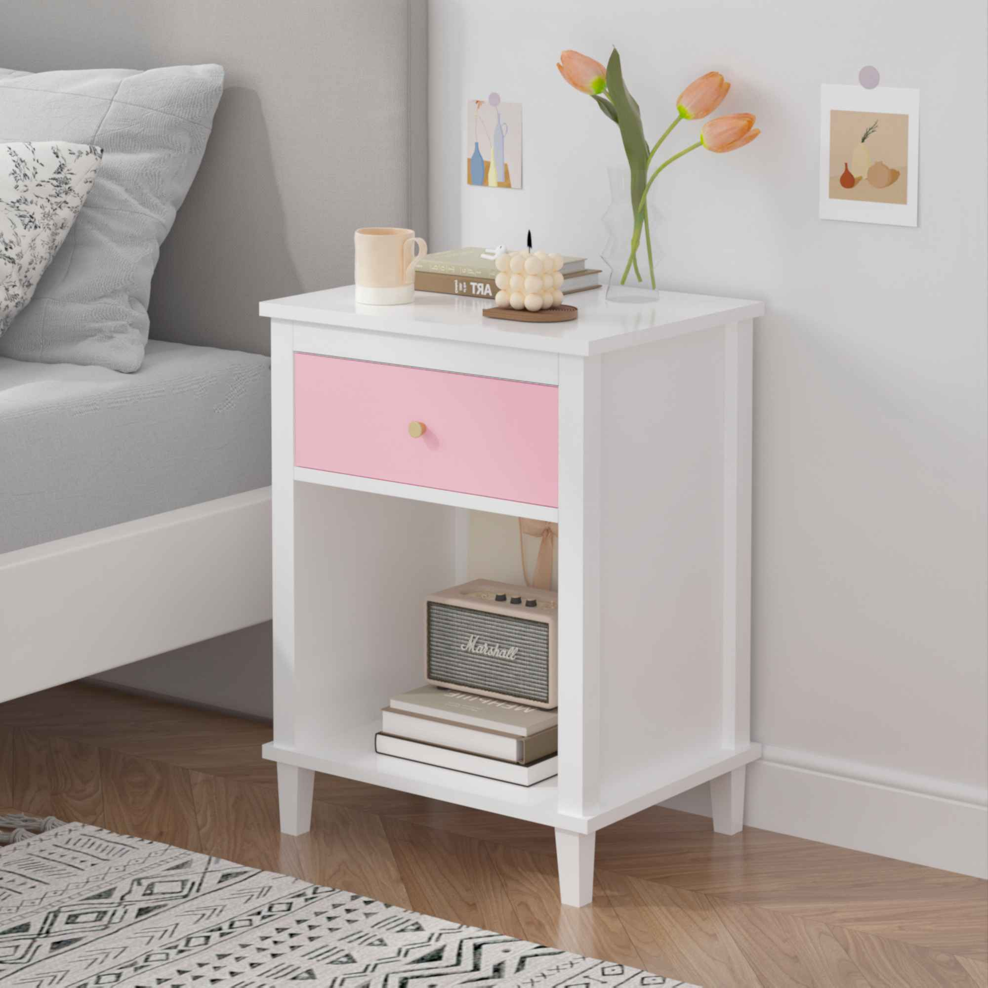 Elegant Nursery Nightstand with Drawer and Shelf for Infants and Toddlers