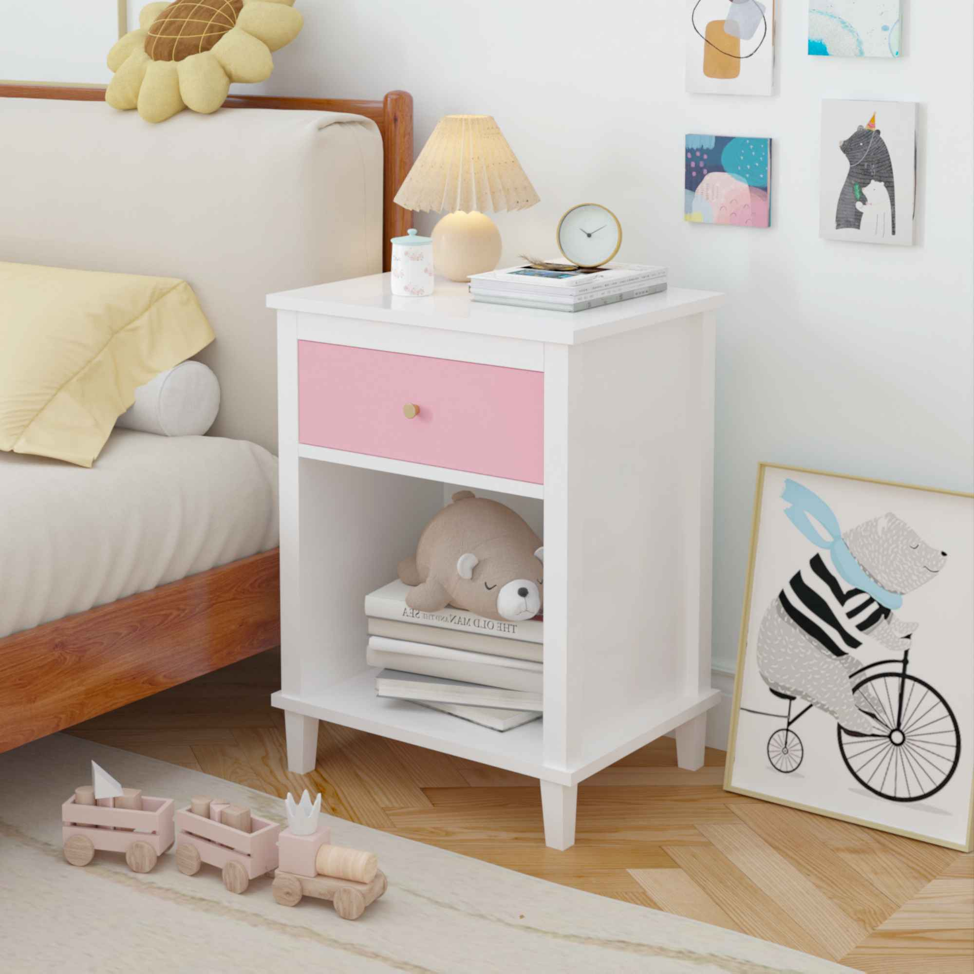 Elegant Nursery Nightstand with Drawer and Shelf for Infants and Toddlers