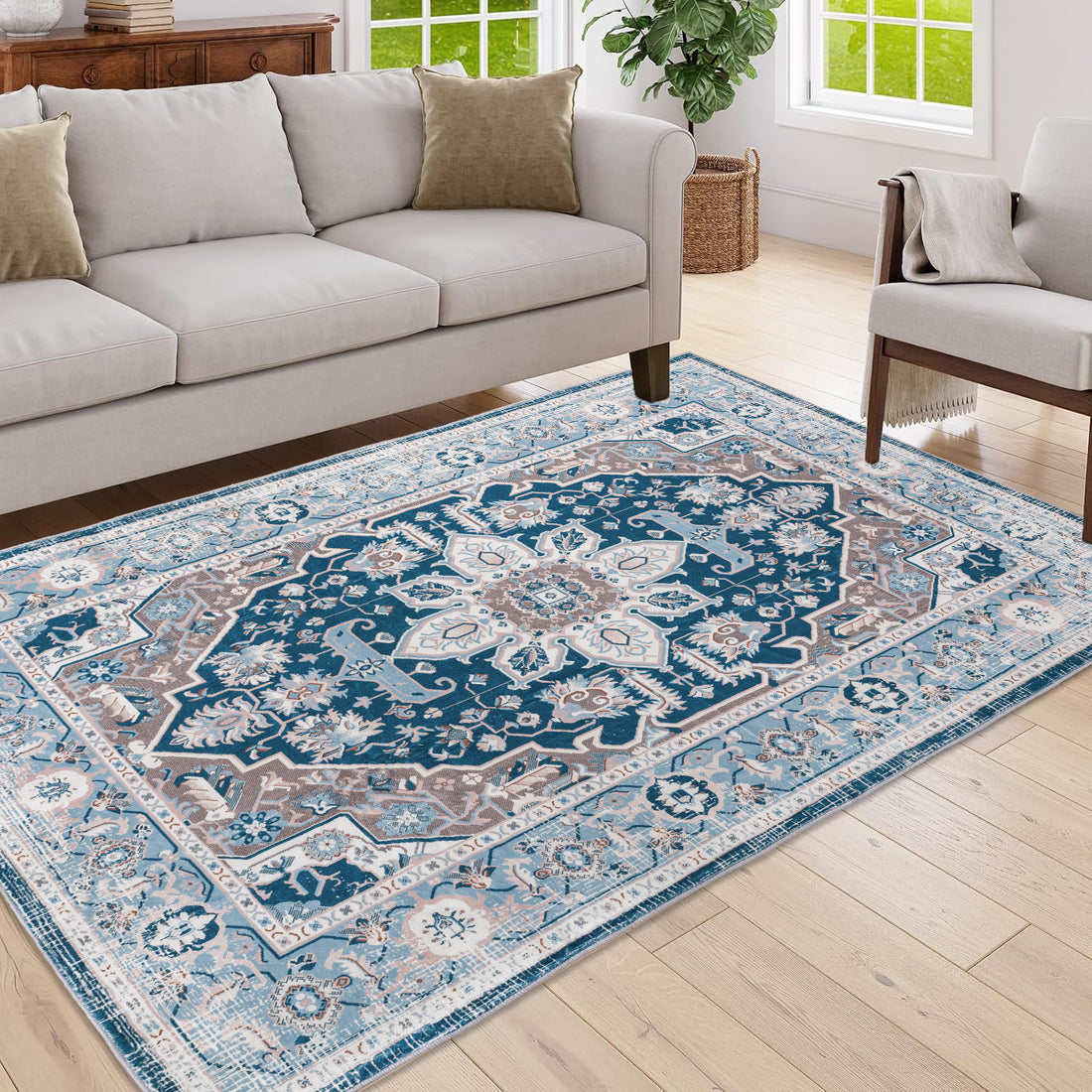 Elegant Persian Medallion Area Rug - Distressed Floral Design USA