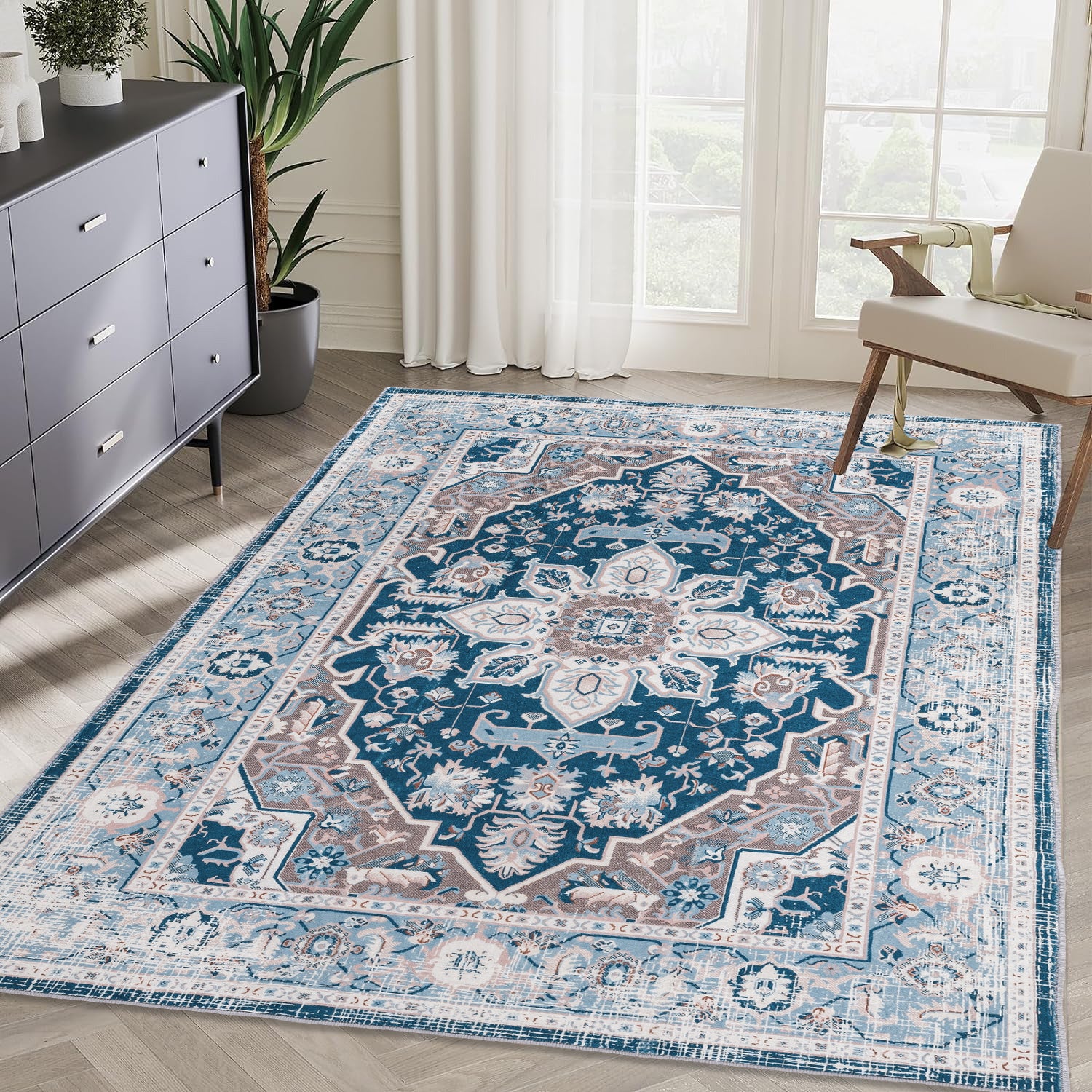 Elegant Persian Medallion Area Rug - Distressed Floral Design USA