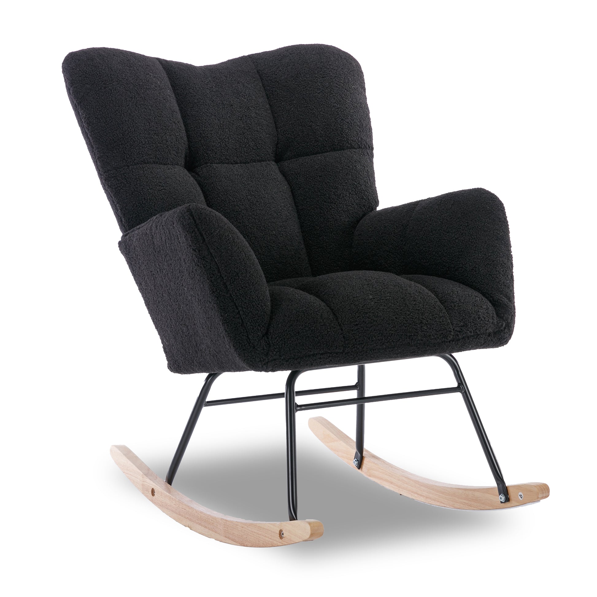 Elegant Plush Black Upholstered Rocking Chair With Wooden Legs USA