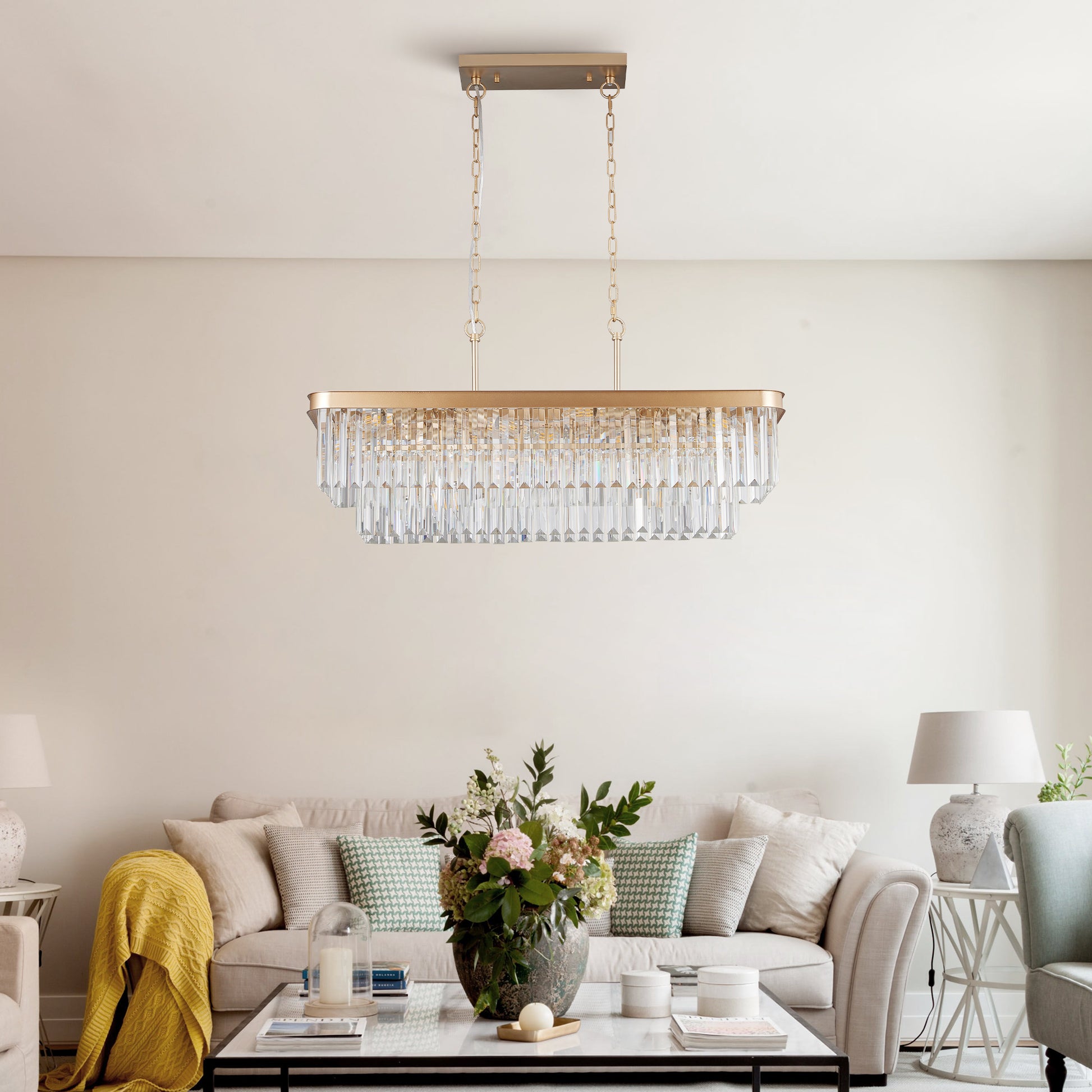 Elegant Rectangular Crystal Chandelier with Adjustable Lighting USA