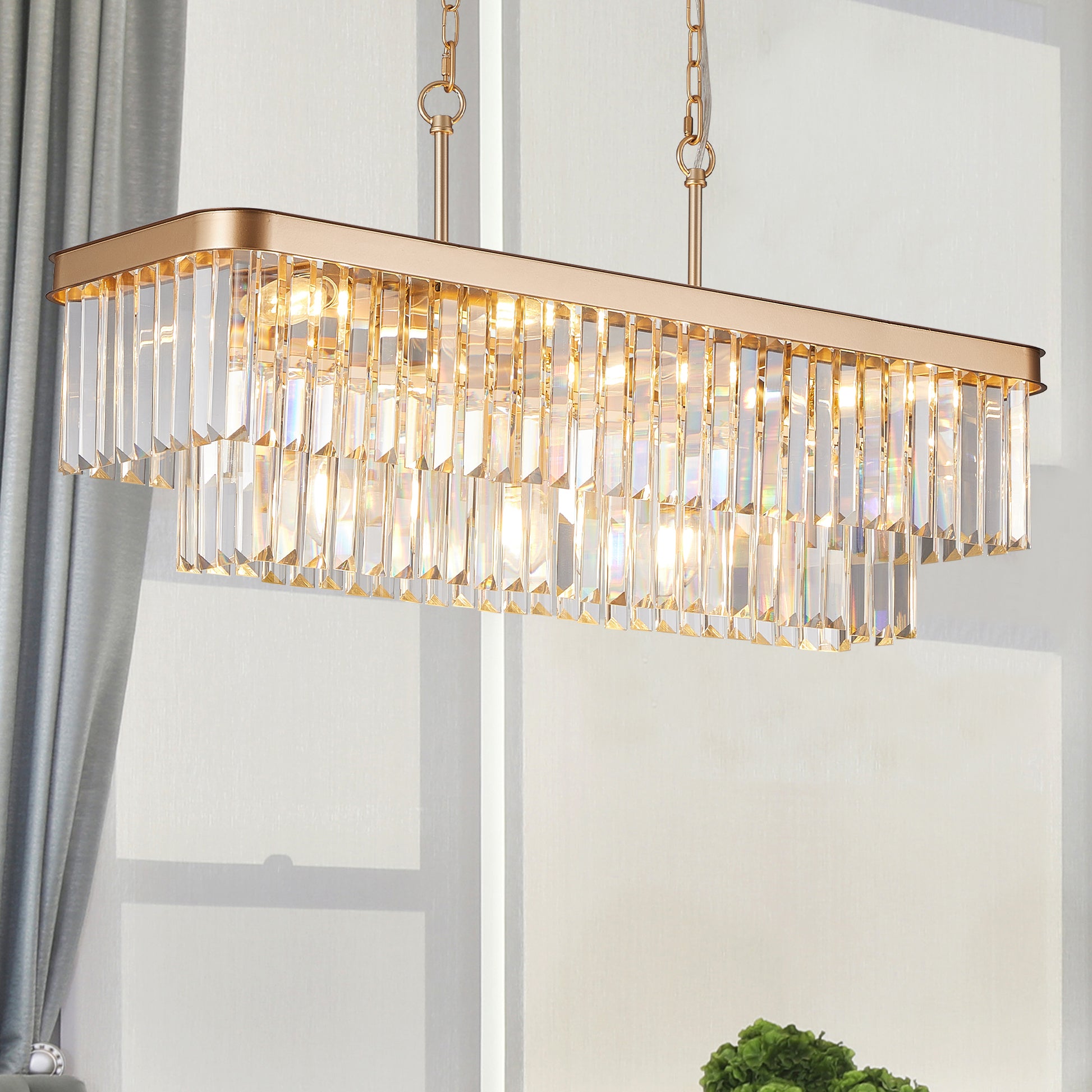 Elegant Rectangular Crystal Chandelier with Adjustable Lighting USA