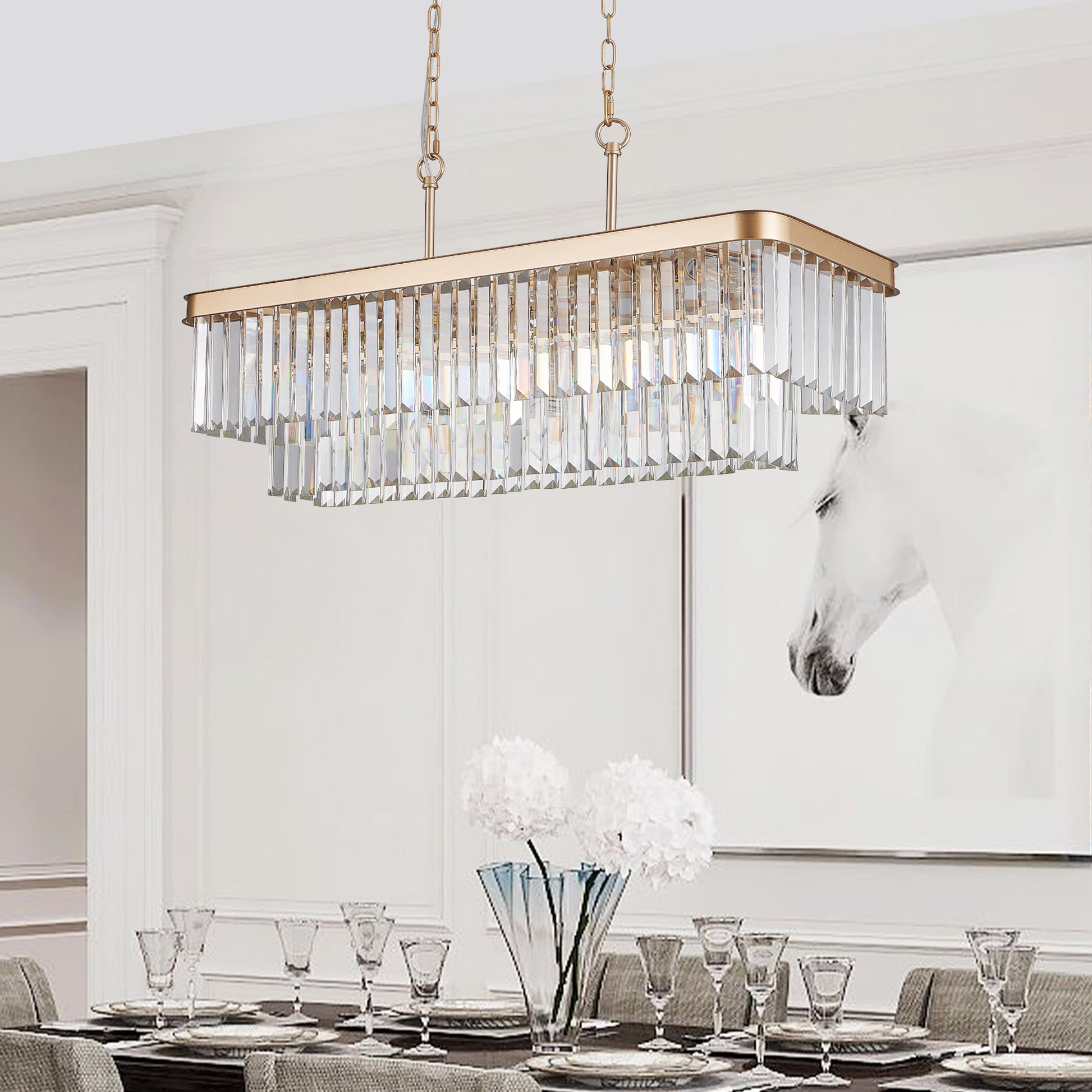 Elegant Rectangular Crystal Chandelier with Adjustable Lighting USA