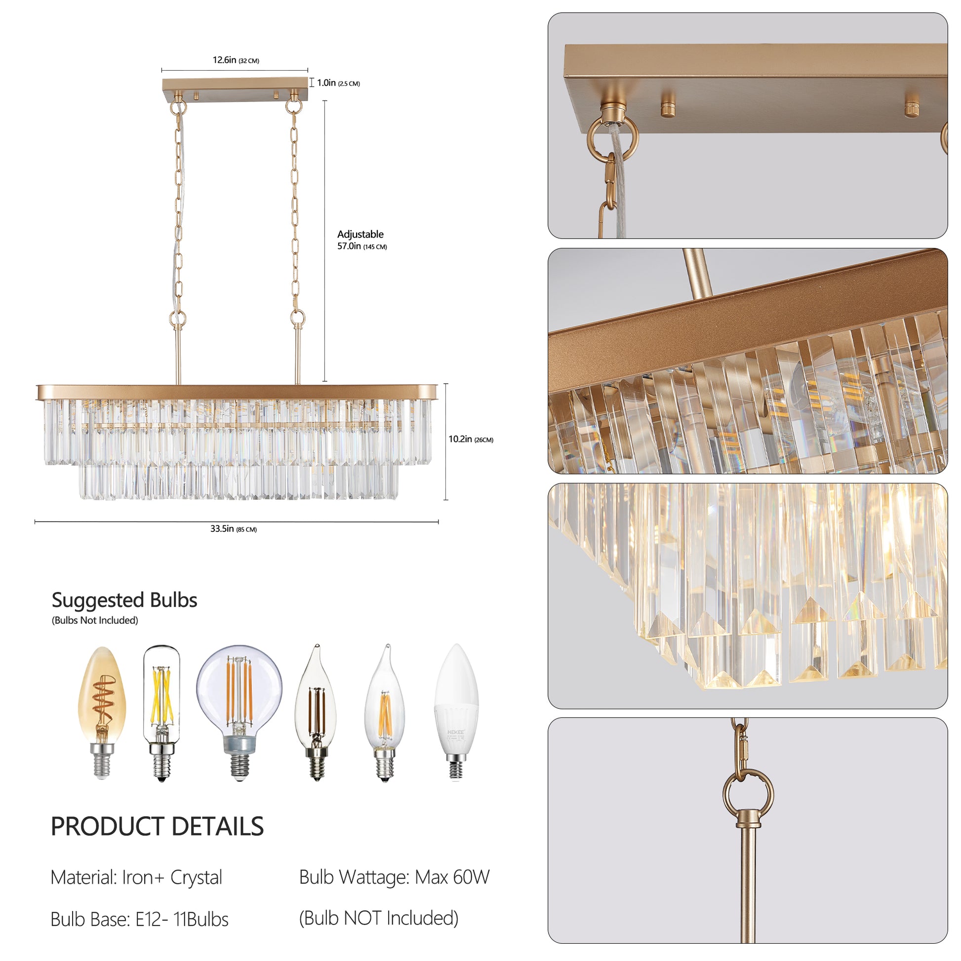 Elegant Rectangular Crystal Chandelier with Adjustable Lighting USA