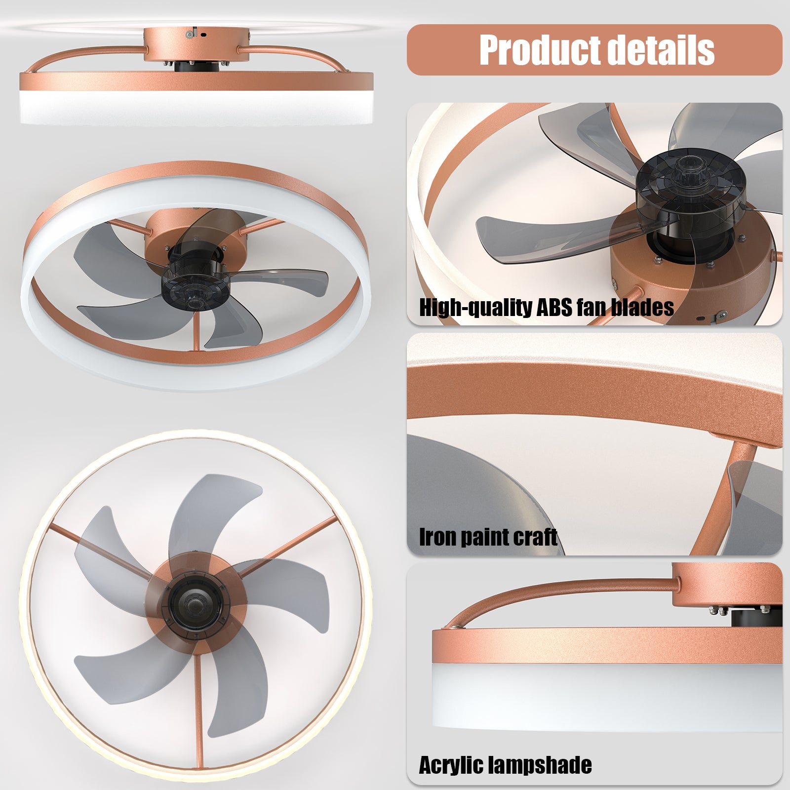 Elegant Rose Gold Ceiling Fan with Dimmable LED Lights USA