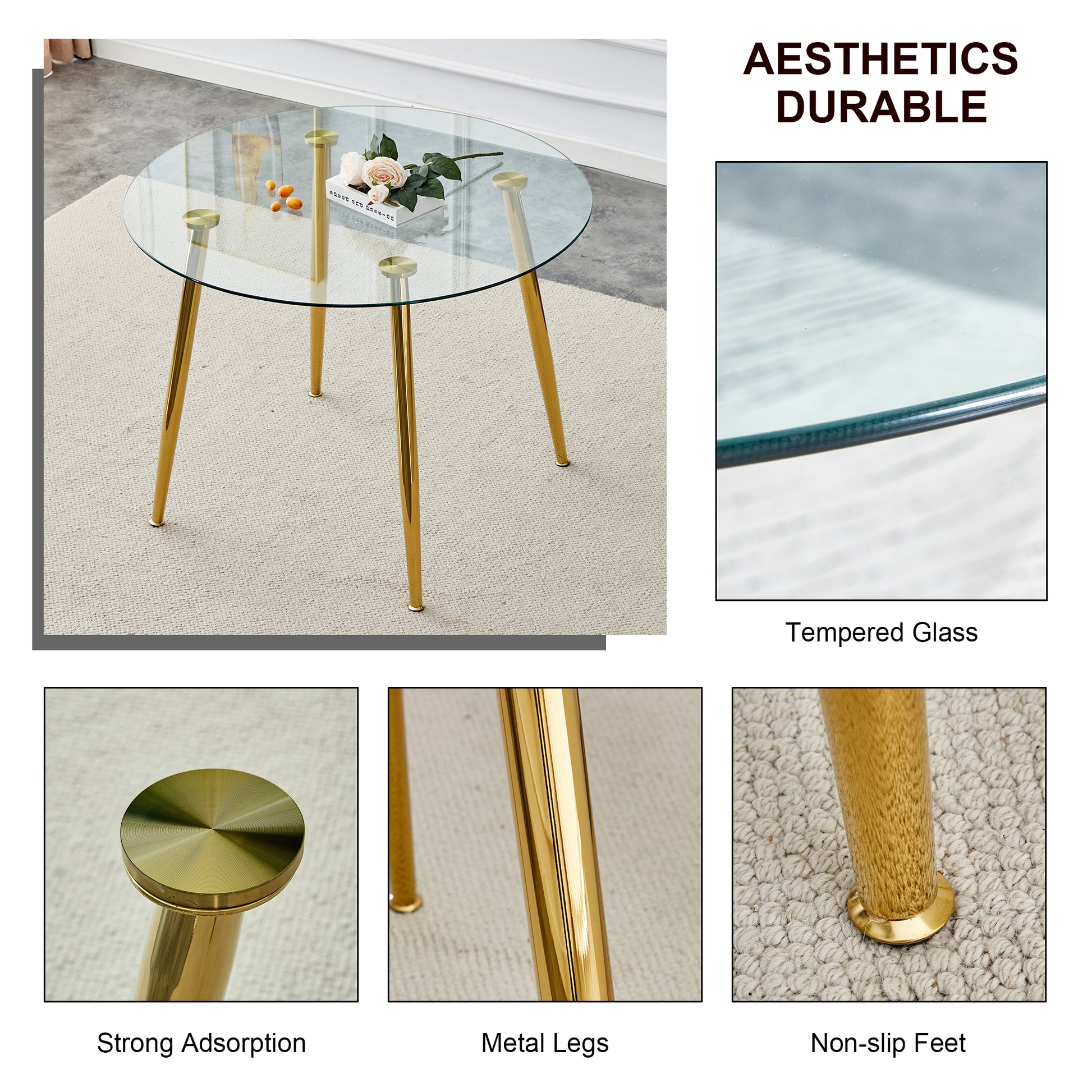 Elegant Round Glass Top Accent Table with Gold Finished Metal Legs USA