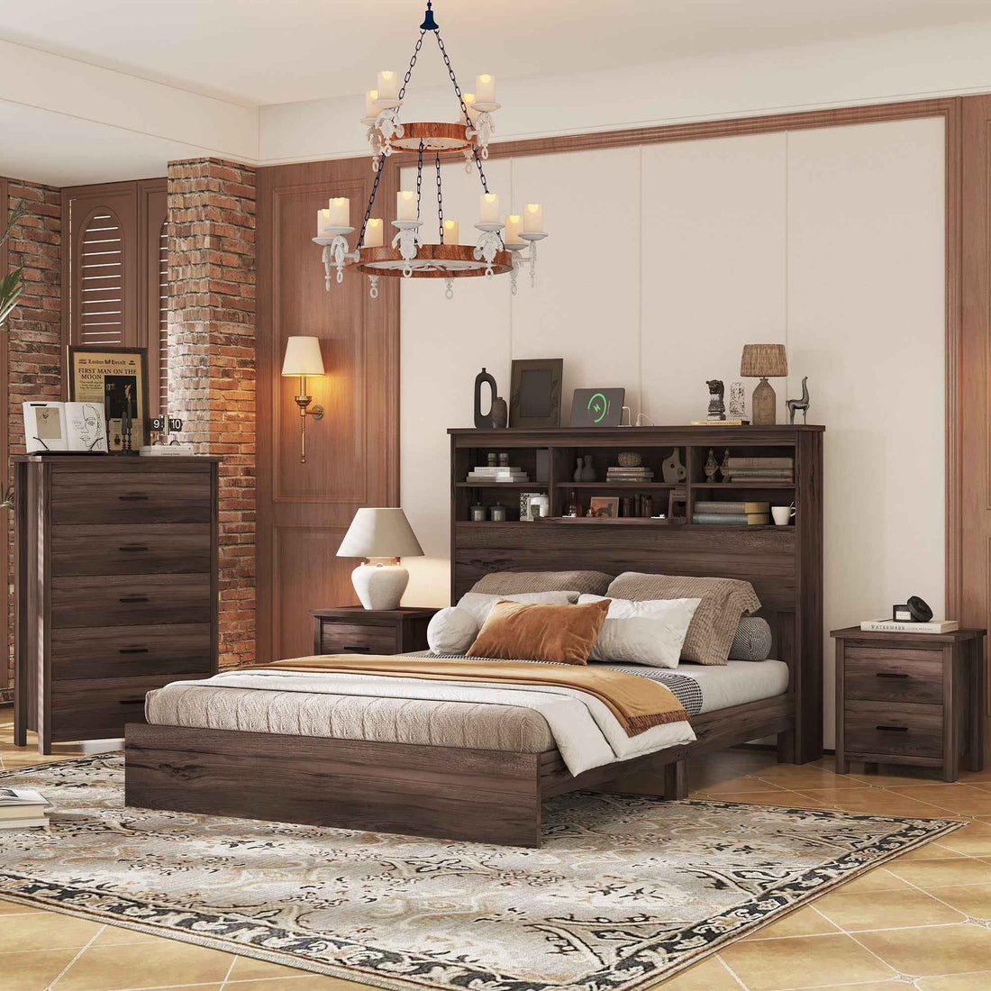 Elegant Rustic 4-Piece Bedroom Suite in Dark Walnut Finish