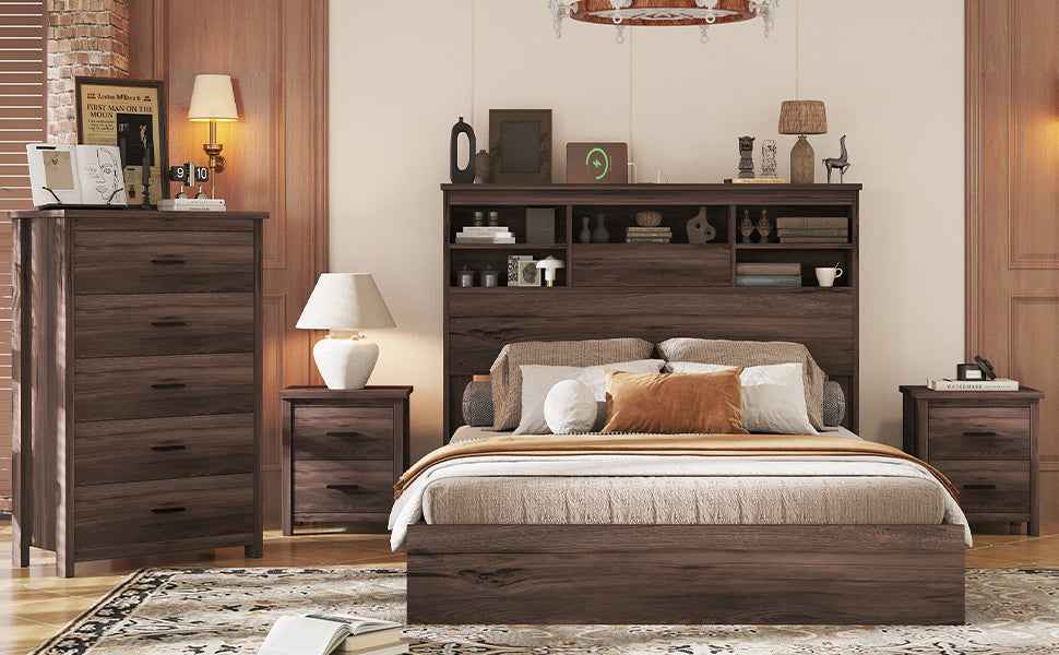 Elegant Rustic 4-Piece Bedroom Suite in Dark Walnut Finish