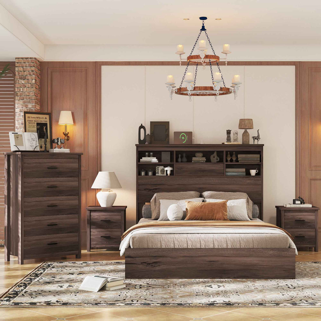 Elegant Rustic 4-Piece Bedroom Suite in Dark Walnut Finish