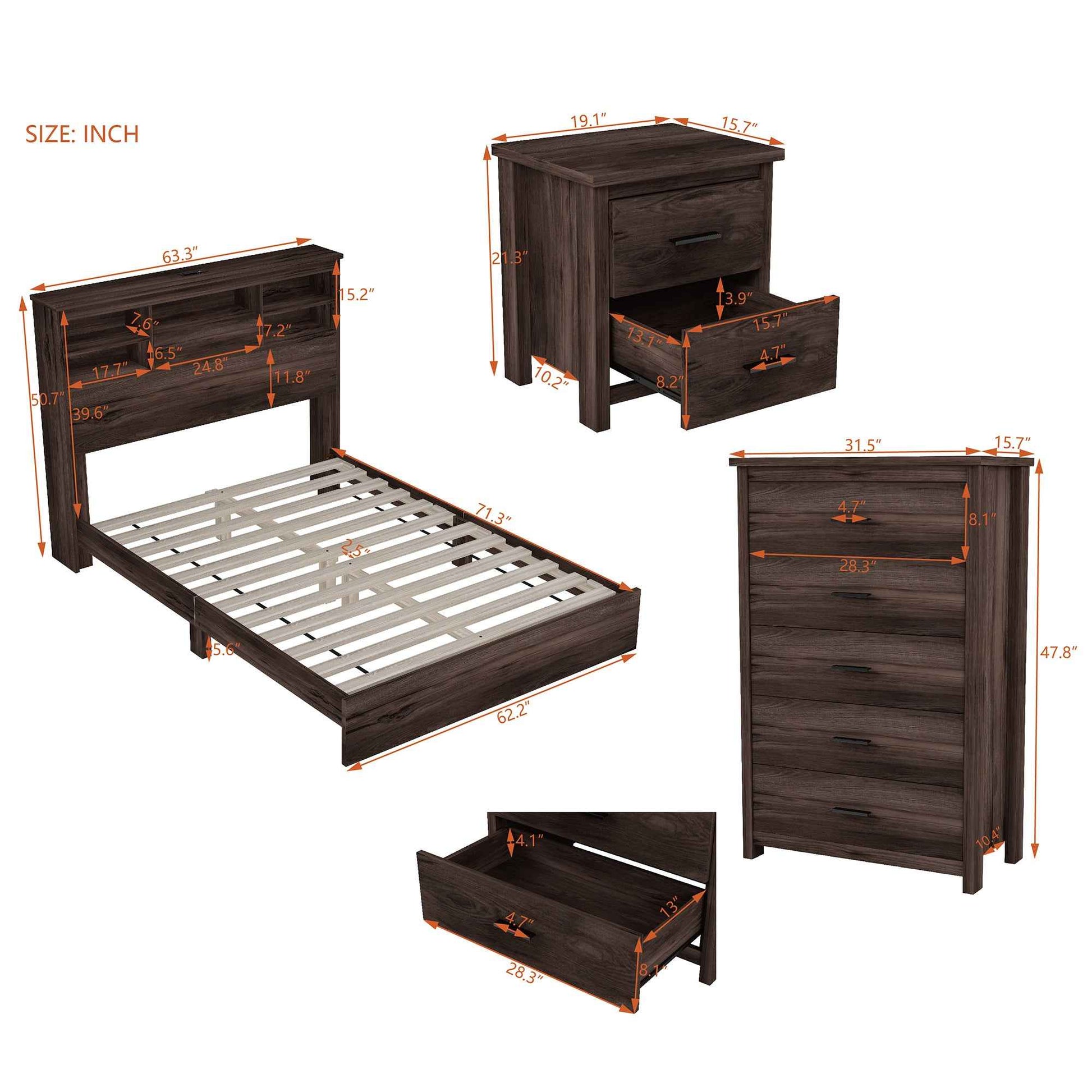 Elegant Rustic 4-Piece Bedroom Suite in Dark Walnut Finish