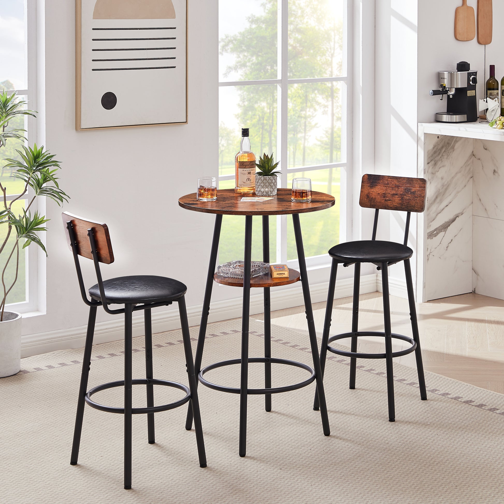 Elegant Rustic Brown Bar Stool Set with Shelf USA