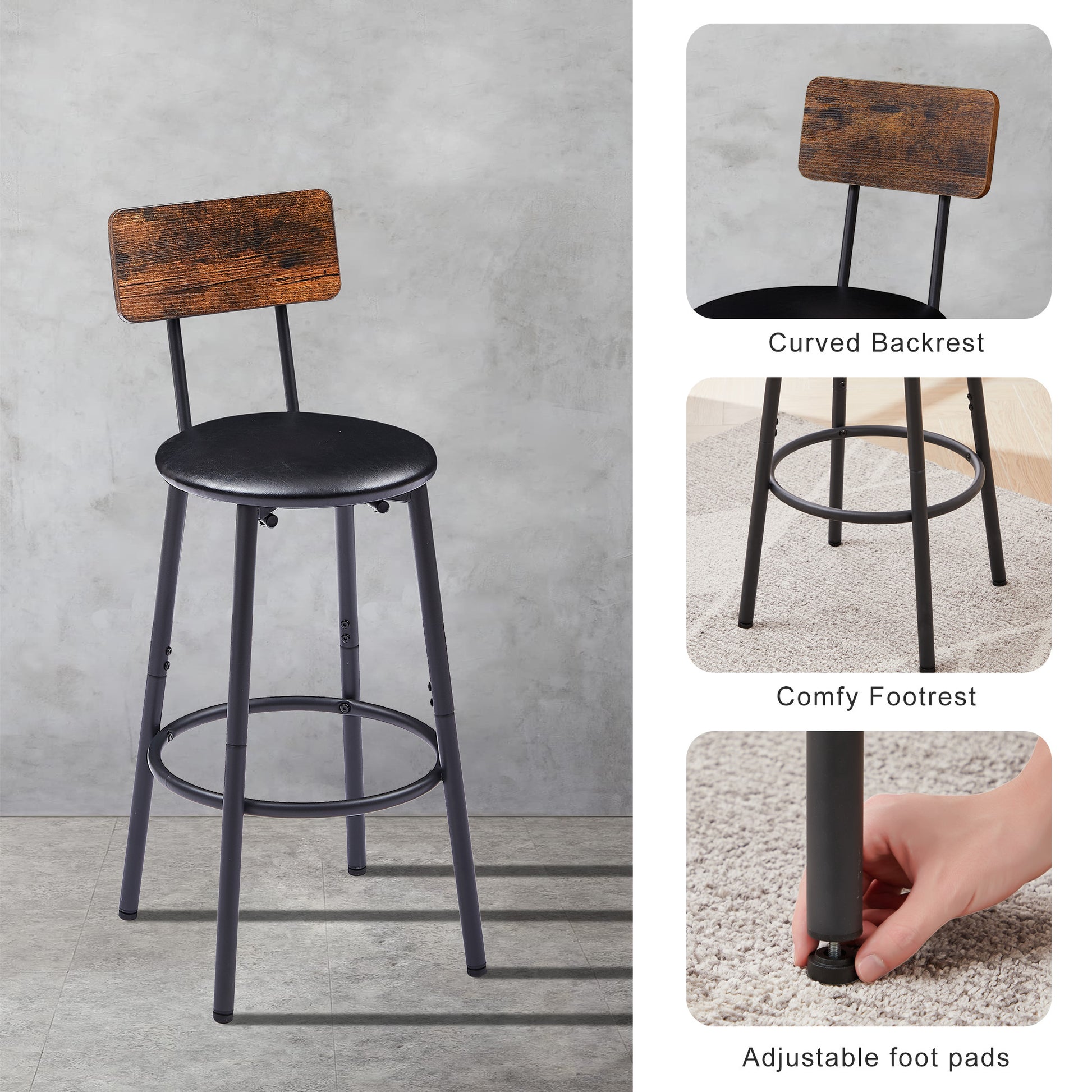 Elegant Rustic Brown Bar Stool Set with Shelf USA