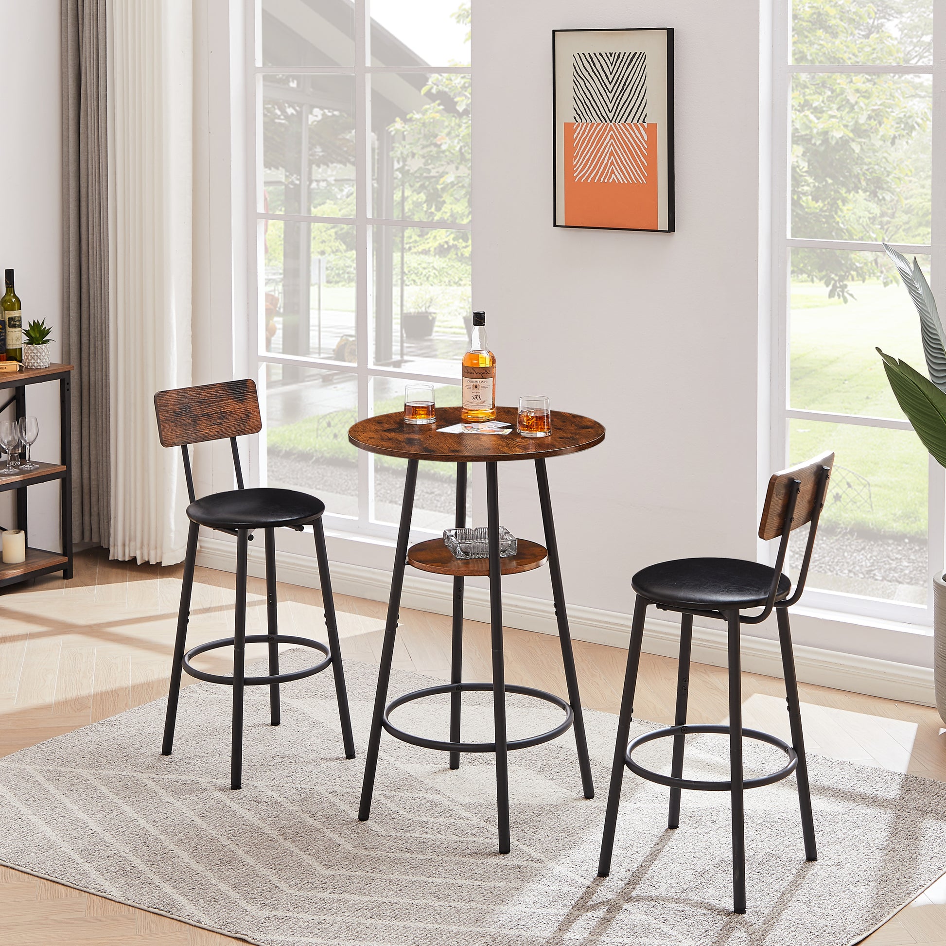 Elegant Rustic Brown Bar Stool Set with Shelf USA