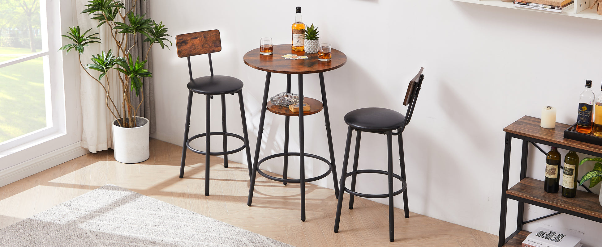 Elegant Rustic Brown Bar Stool Set with Shelf USA