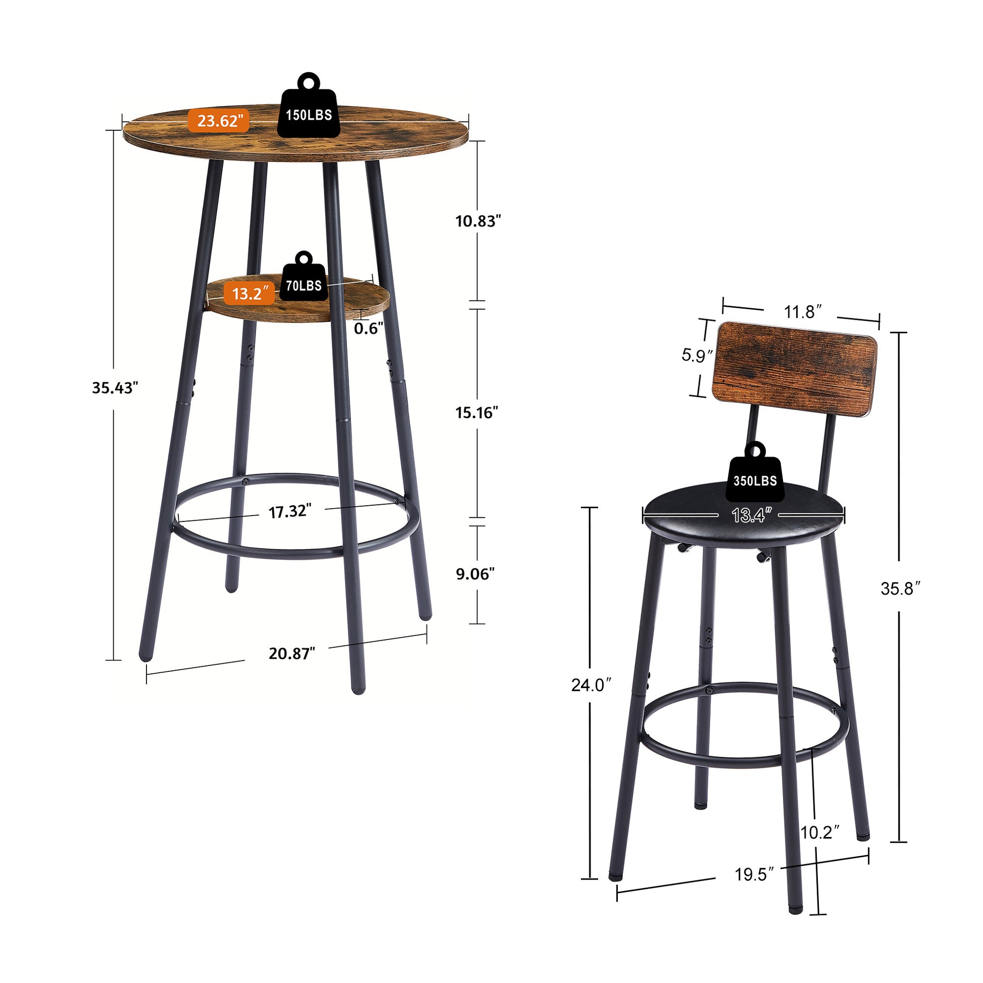 Elegant Rustic Brown Bar Stool Set with Shelf USA