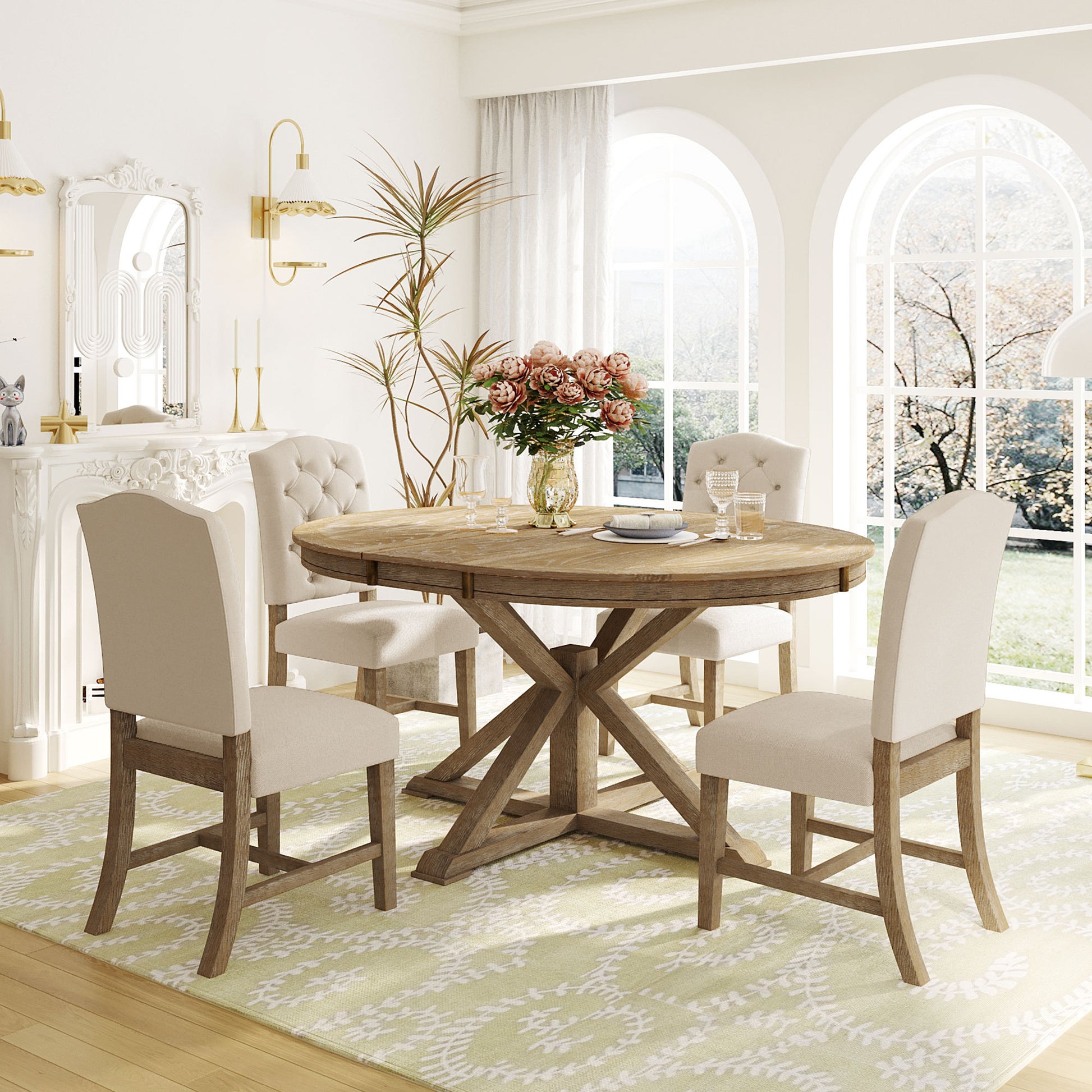 Elegant Rustic Dining Table Set with Extendable Tabletop and Upholstered Chairs USA