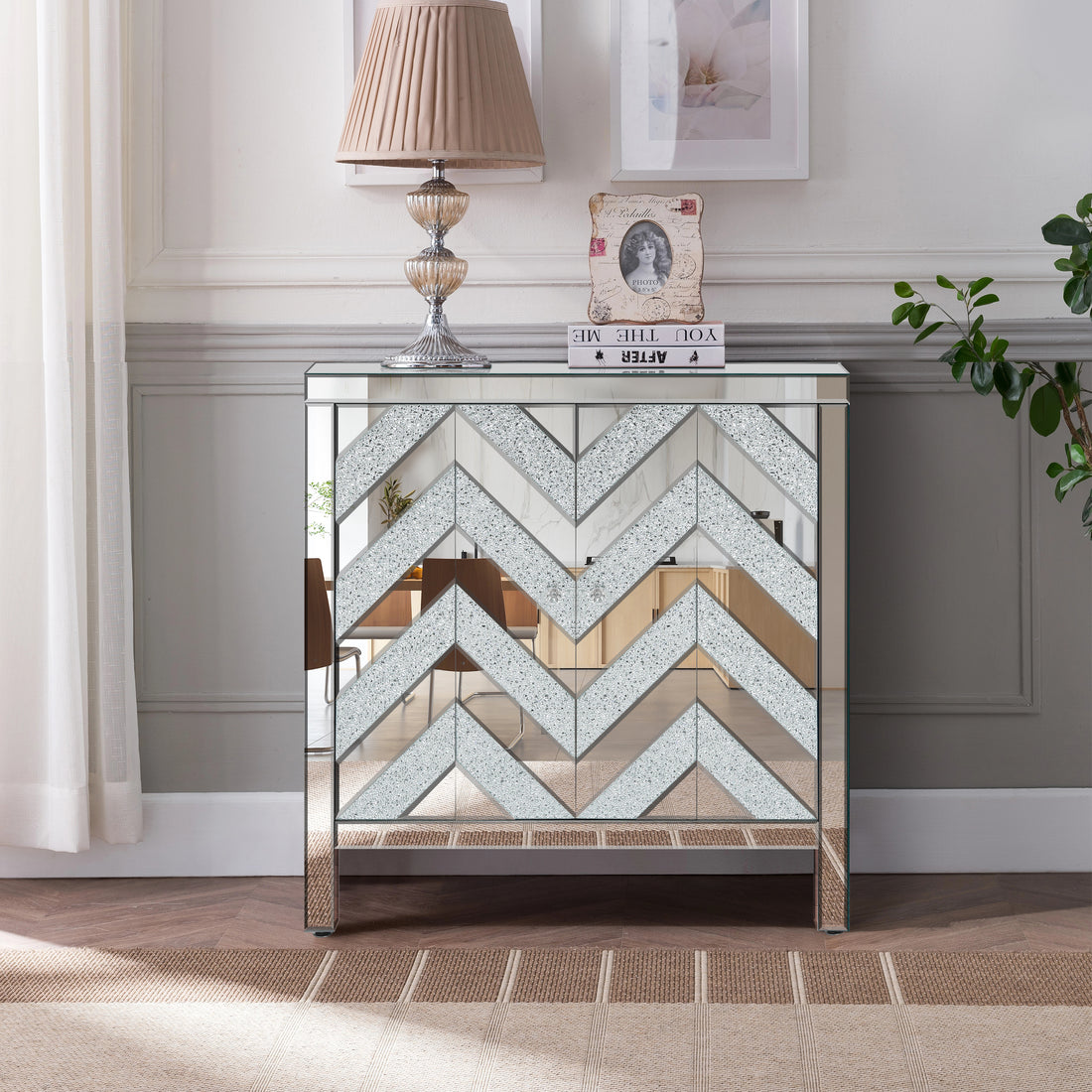 Elegant Storage Cabinet with Mirror Trim and Modern Design for Living Room USA