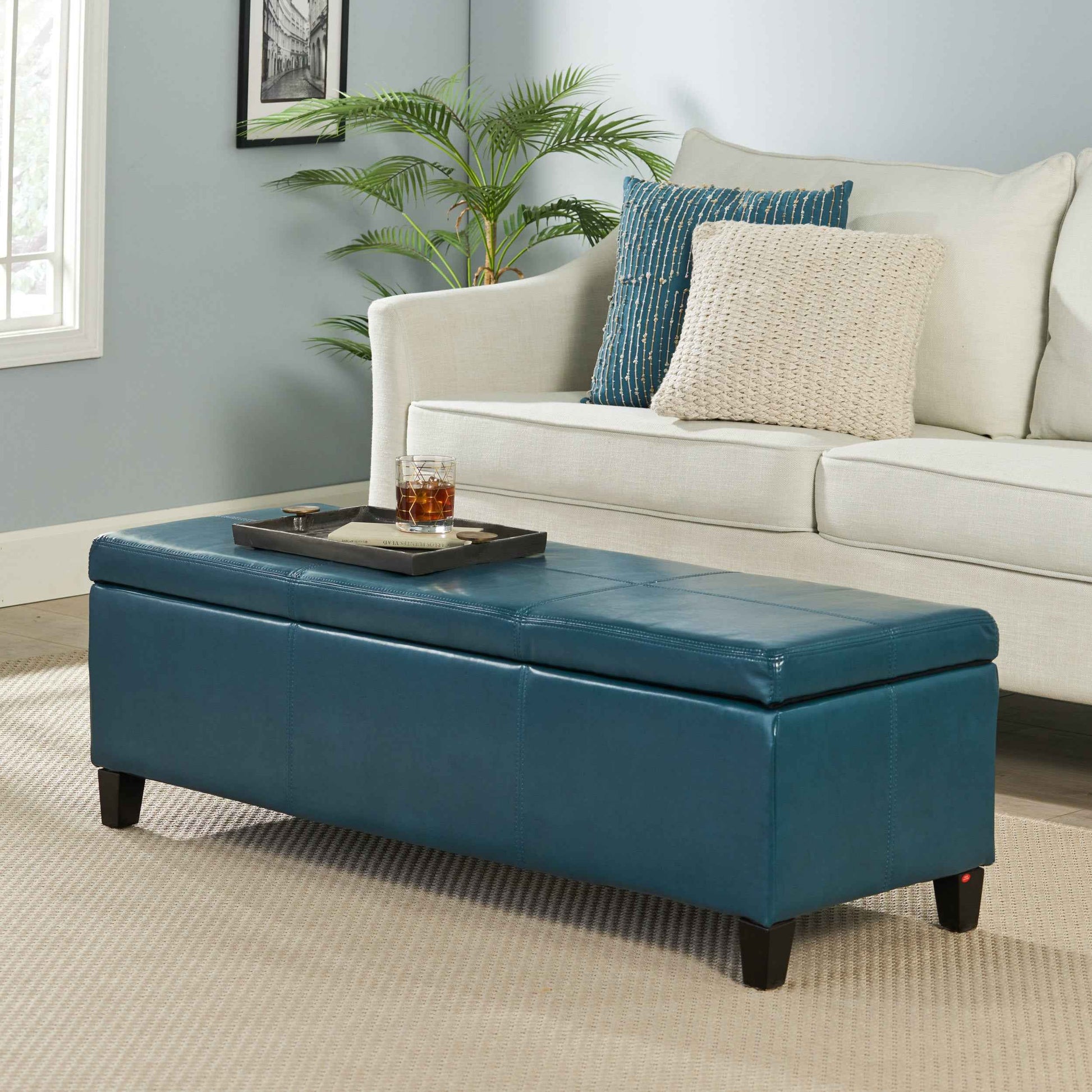 Elegant Teal Blue Leather Storage Ottoman Coffee Table