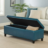 Elegant Teal Blue Leather Storage Ottoman Coffee Table