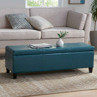 Elegant Teal Blue Leather Storage Ottoman Coffee Table